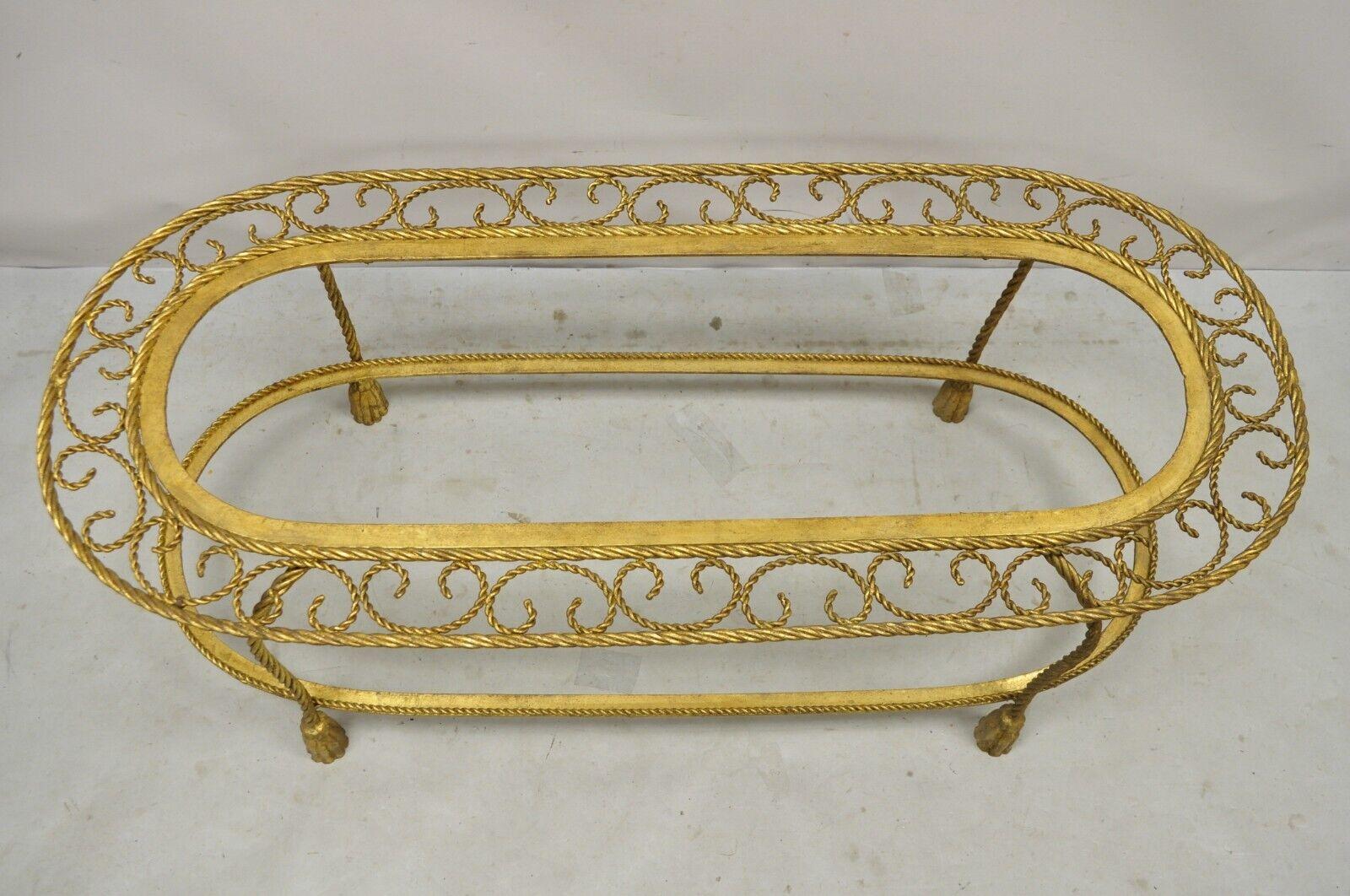 Italian Hollywood Regency Gold Gilt Iron Oval 2 Tier Rope Tassel Coffee Table In Good Condition For Sale In Philadelphia, PA