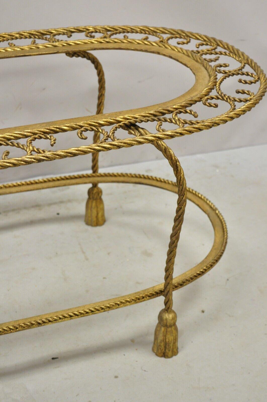 20th Century Italian Hollywood Regency Gold Gilt Iron Oval 2 Tier Rope Tassel Coffee Table For Sale