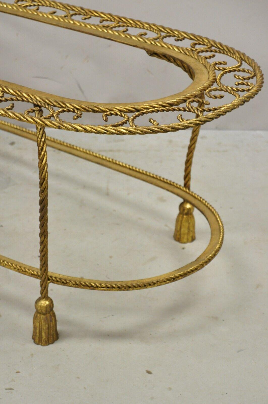 Italian Hollywood Regency Gold Gilt Iron Oval 2 Tier Rope Tassel Coffee Table For Sale 4