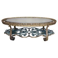 Italian Hollywood Regency Gold Gilt Iron Oval 2 Tier Rope Tassel Coffee Table