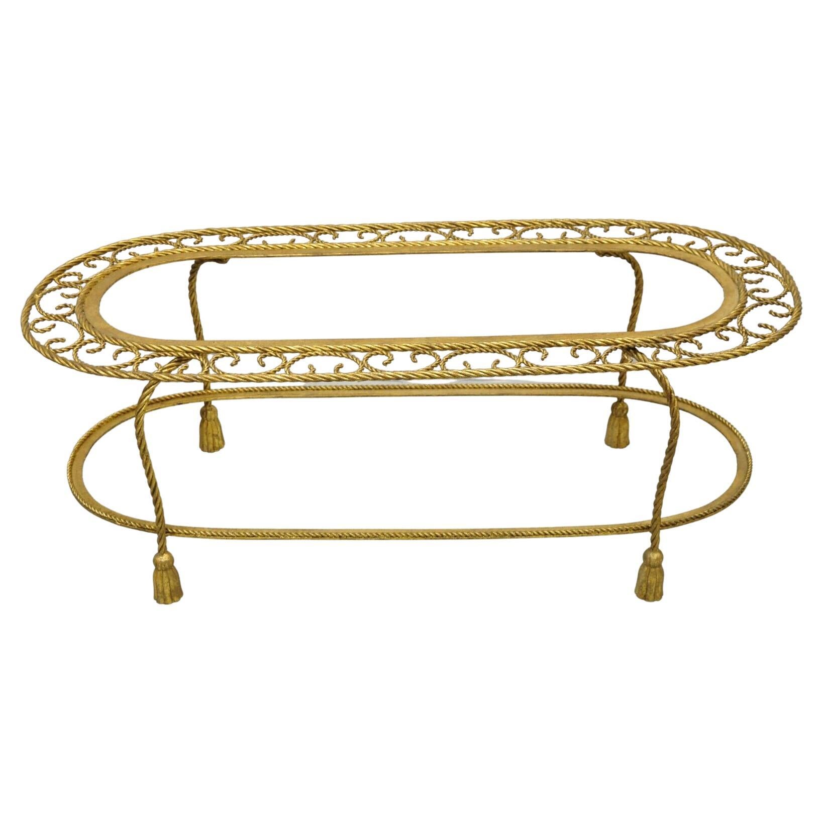 Italian Hollywood Regency Gold Gilt Iron Oval 2 Tier Rope Tassel Coffee Table For Sale