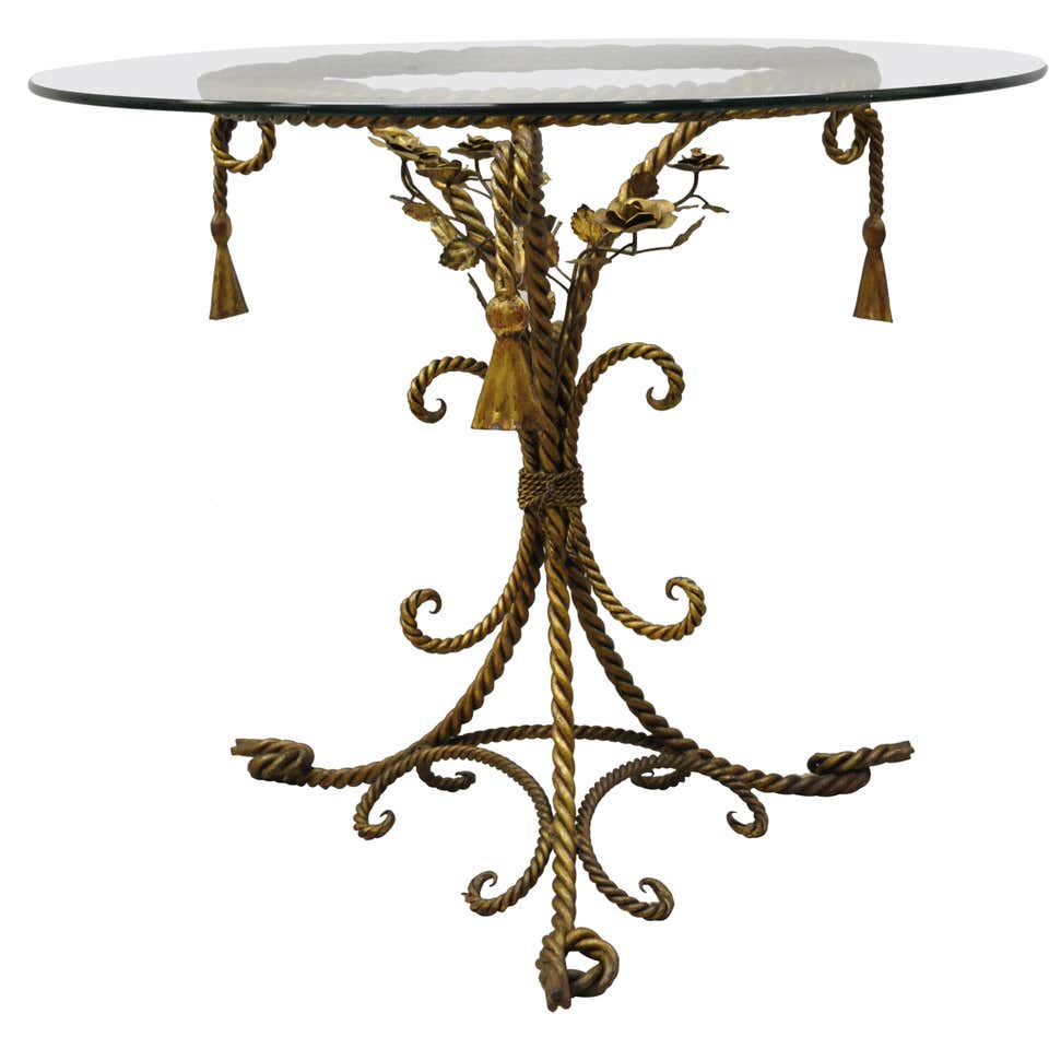 Pair Italian Hollywood Regency Gold Gilt Iron Rope Round Marble Top Low ...