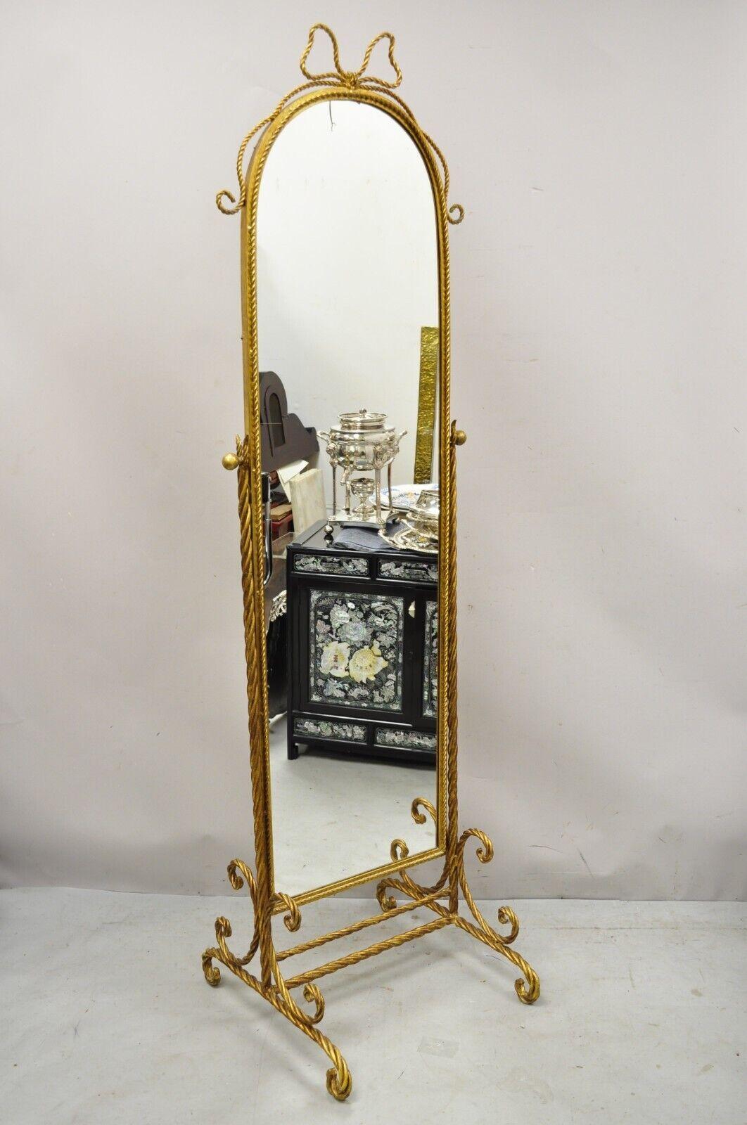 Italian Hollywood Regency Gold Gilt Iron Rope Cheval Standing Floor Mirror 7