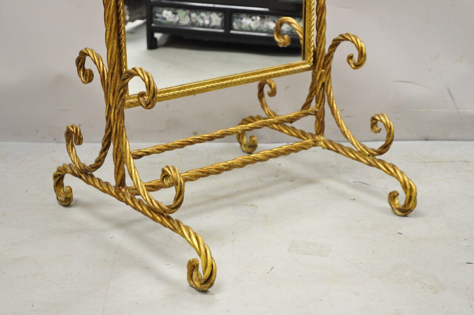 Metal Italian Hollywood Regency Gold Gilt Iron Rope Cheval Standing Floor Mirror