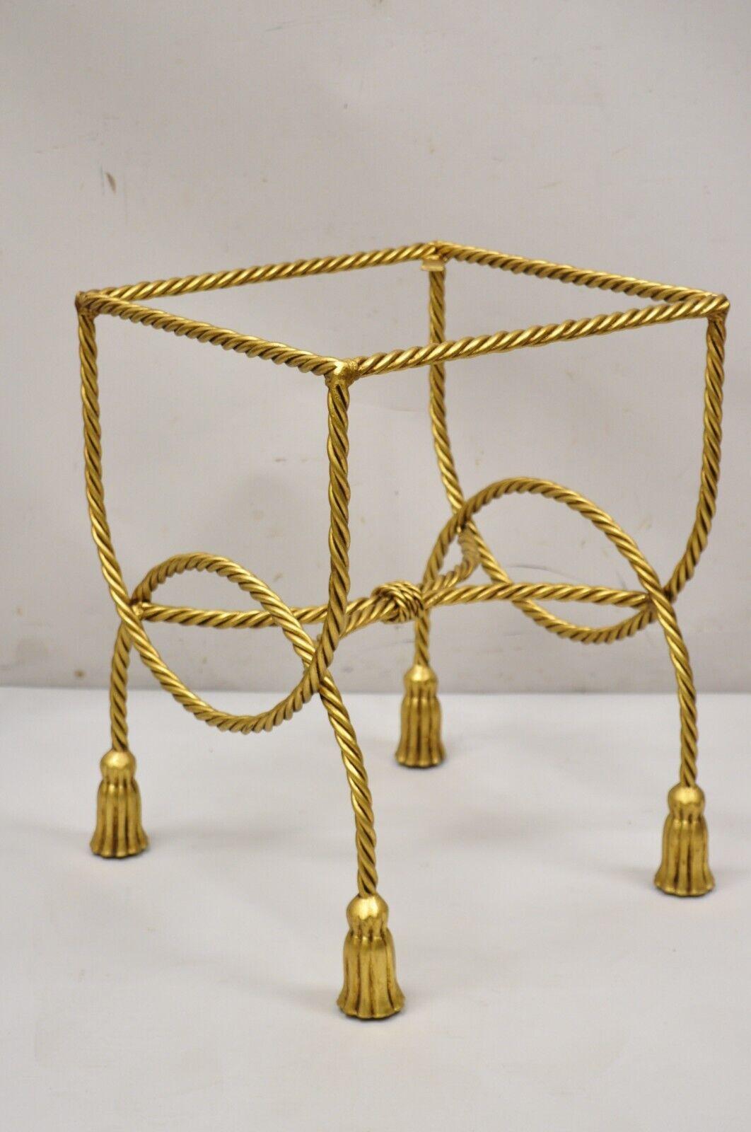 Italian Hollywood Regency Gold Gilt Iron Rope Tassel Vanity Stool Side Table In Good Condition For Sale In Philadelphia, PA