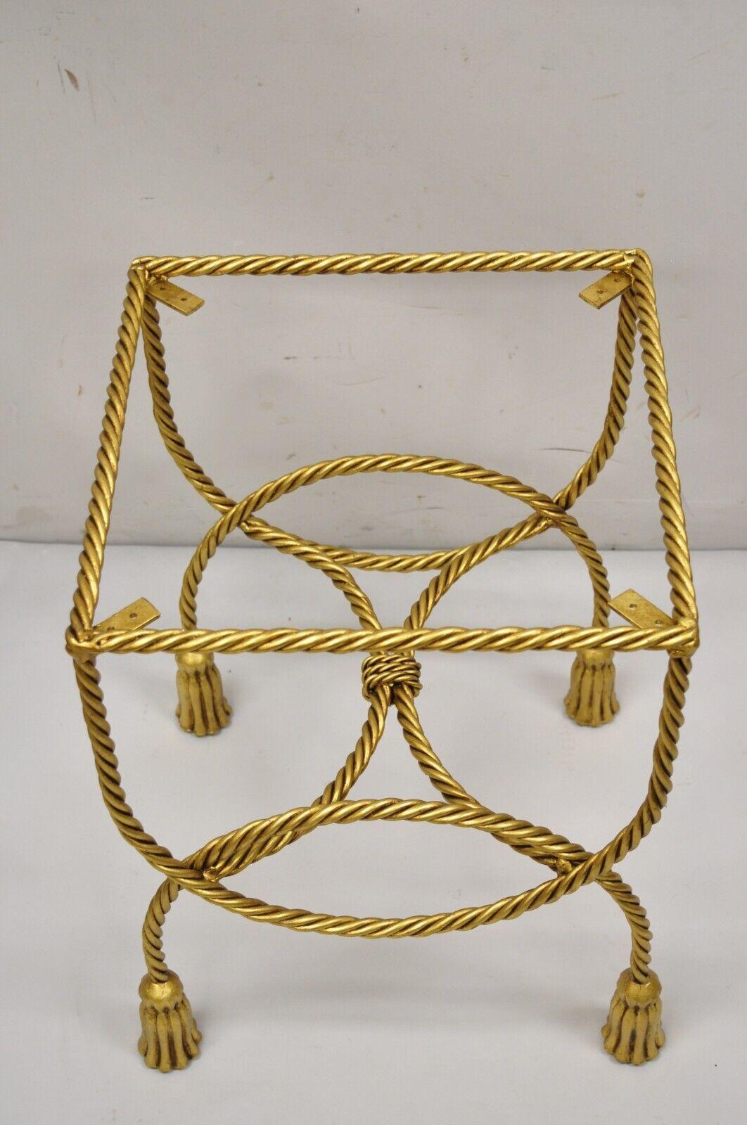 20th Century Italian Hollywood Regency Gold Gilt Iron Rope Tassel Vanity Stool Side Table For Sale
