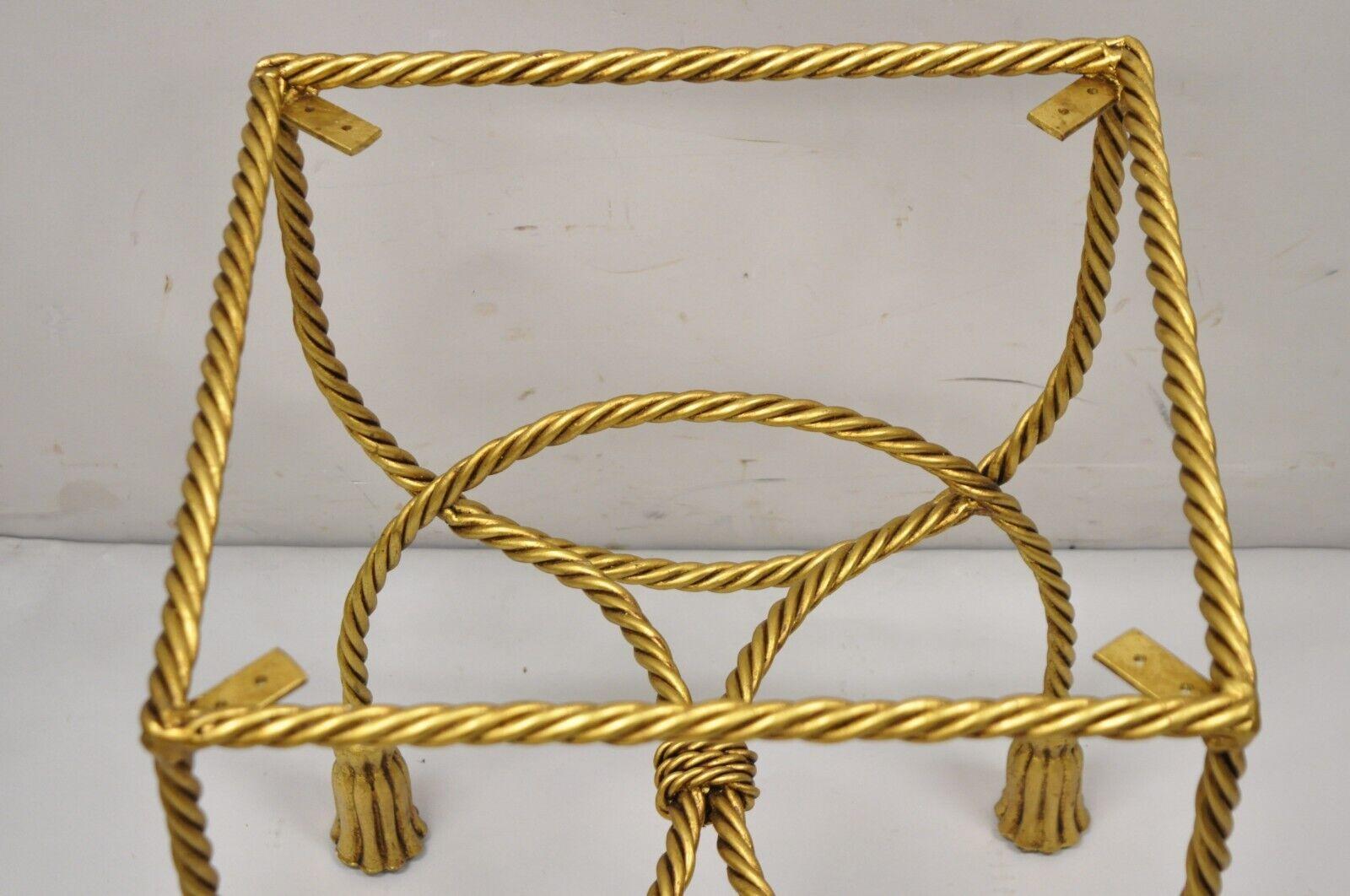 Italian Hollywood Regency Gold Gilt Iron Rope Tassel Vanity Stool Side Table For Sale 1