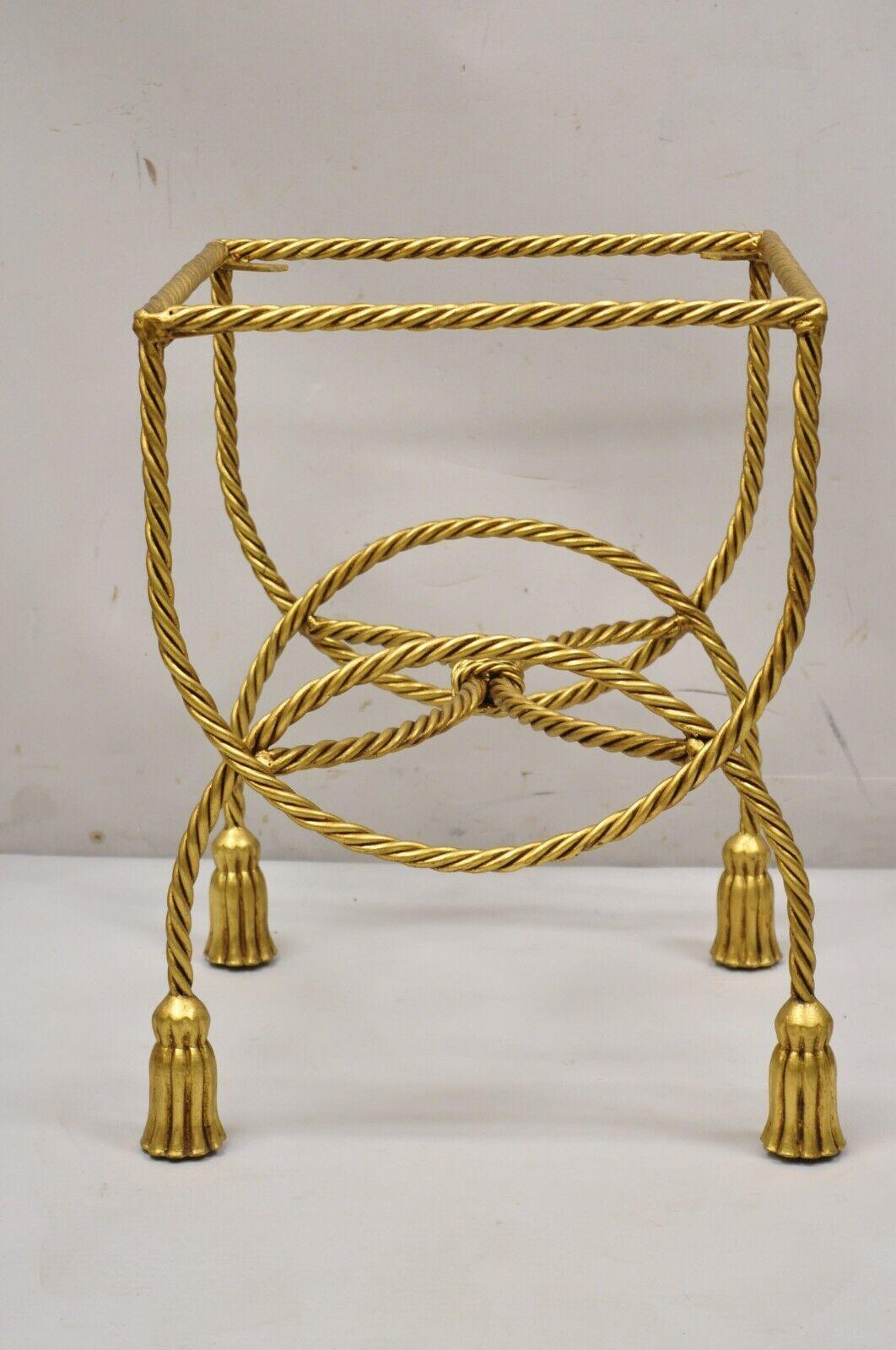 Italian Hollywood Regency Gold Gilt Iron Rope Tassel Vanity Stool Side Table For Sale 2