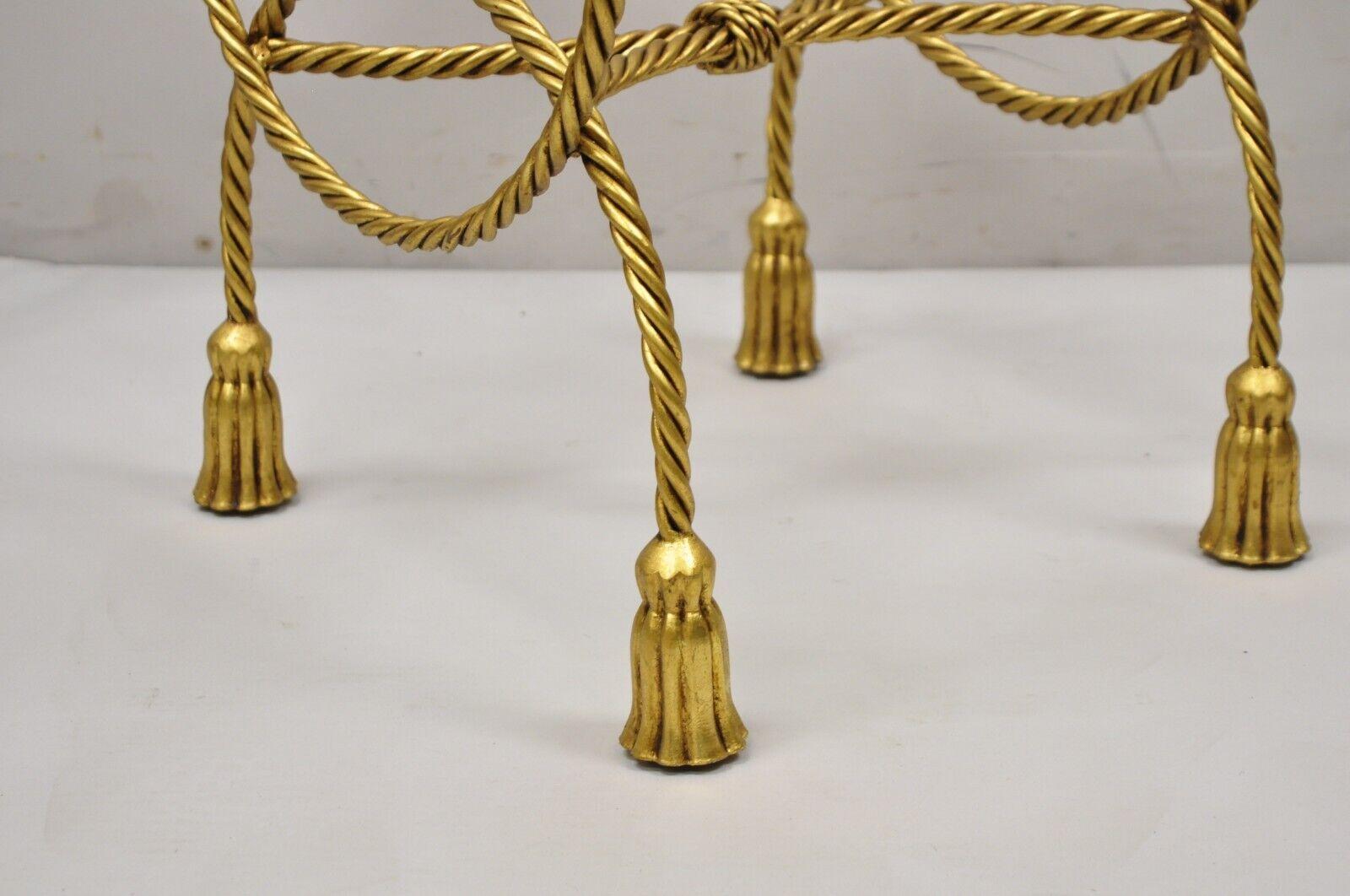 Italian Hollywood Regency Gold Gilt Iron Rope Tassel Vanity Stool Side Table For Sale 3