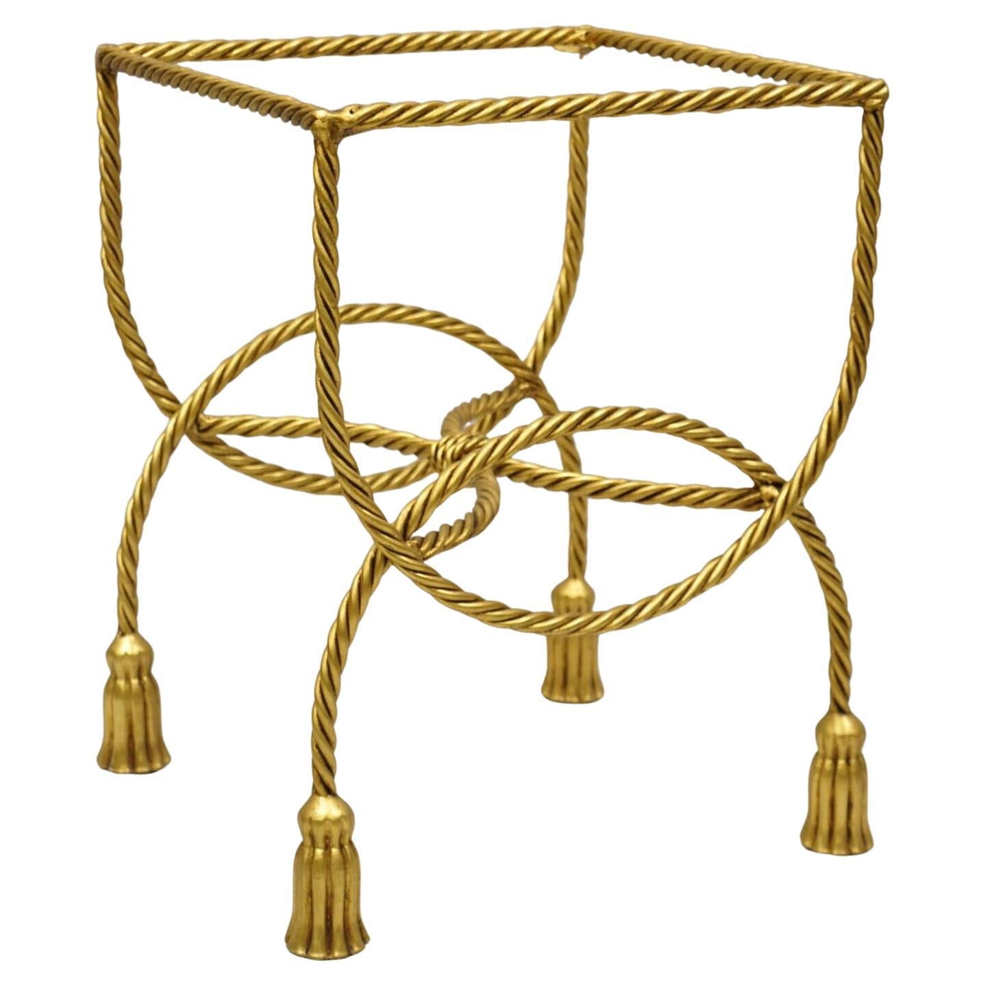 Italian Hollywood Regency Gold Gilt Iron Rope Tassel Vanity Stool Side Table For Sale