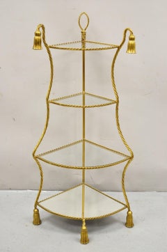 Italian Hollywood Regency Gold Gilt Iron Rope Tassel 4 Tier Etagere Corner Shelf