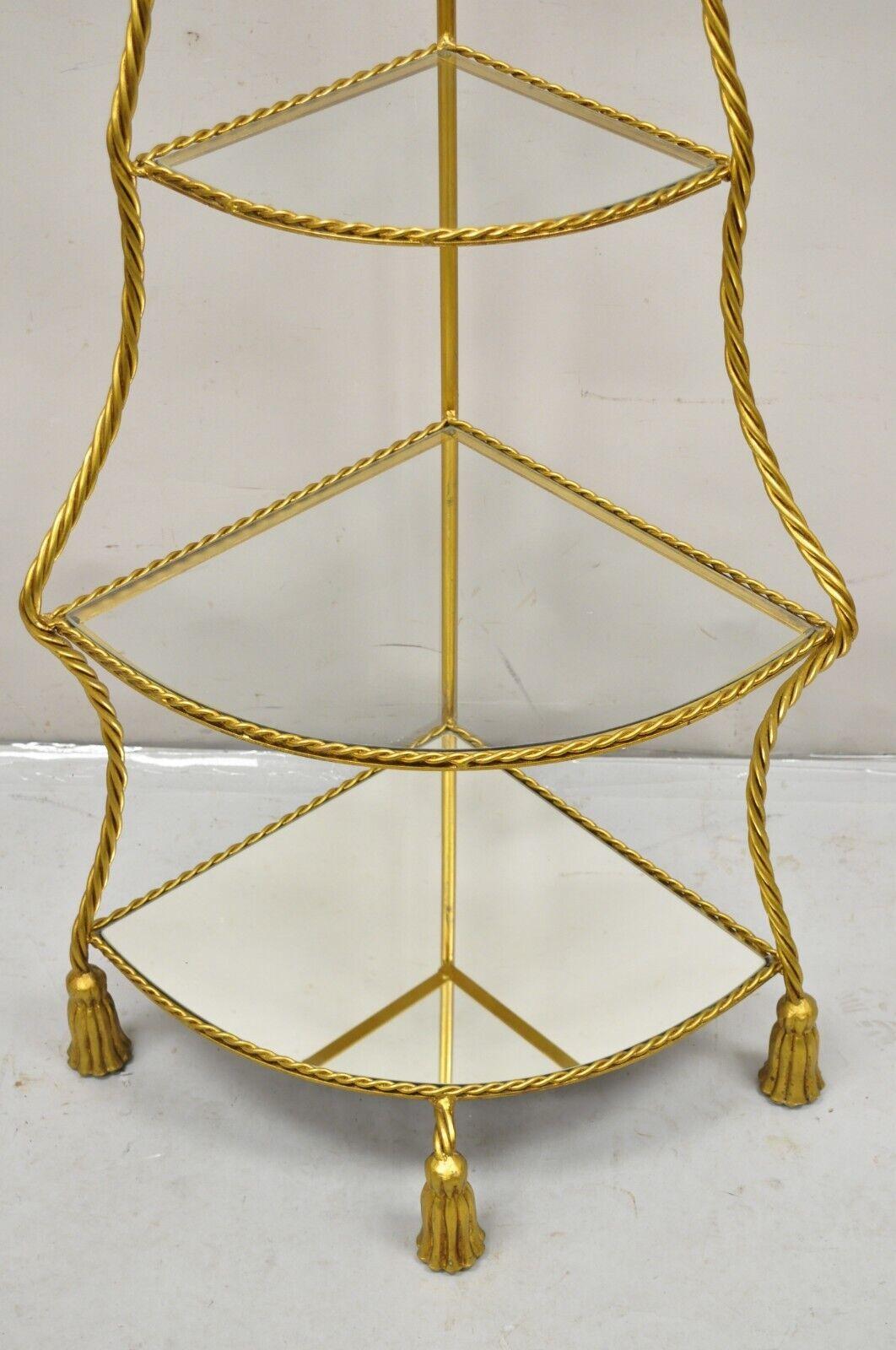 20th Century Italian Hollywood Regency Gold Gilt Iron Rope Tassel 4 Tier Etagere Corner Shelf For Sale