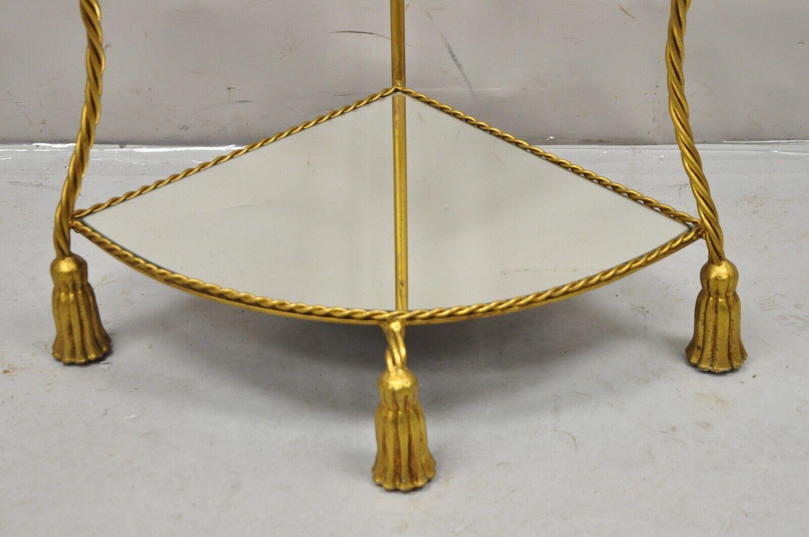 Glass Italian Hollywood Regency Gold Gilt Iron Rope Tassel 4 Tier Etagere Corner Shelf For Sale