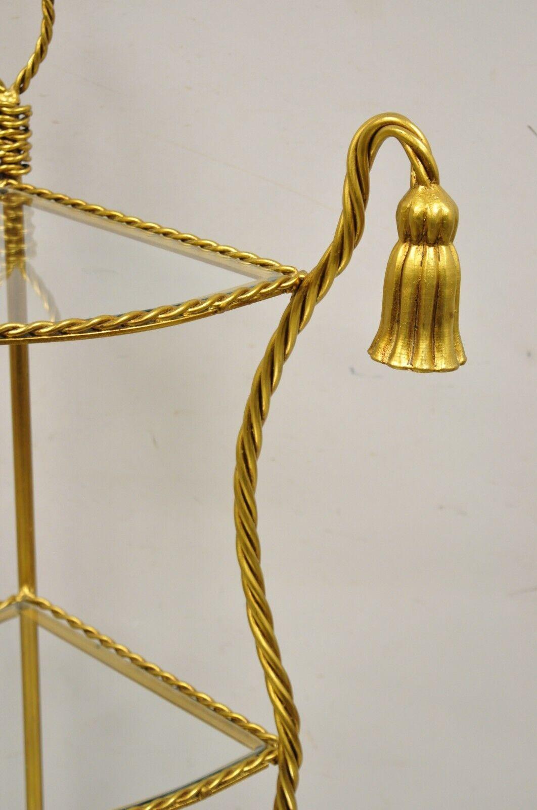 Italian Hollywood Regency Gold Gilt Iron Rope Tassel 4 Tier Etagere Corner Shelf For Sale 1