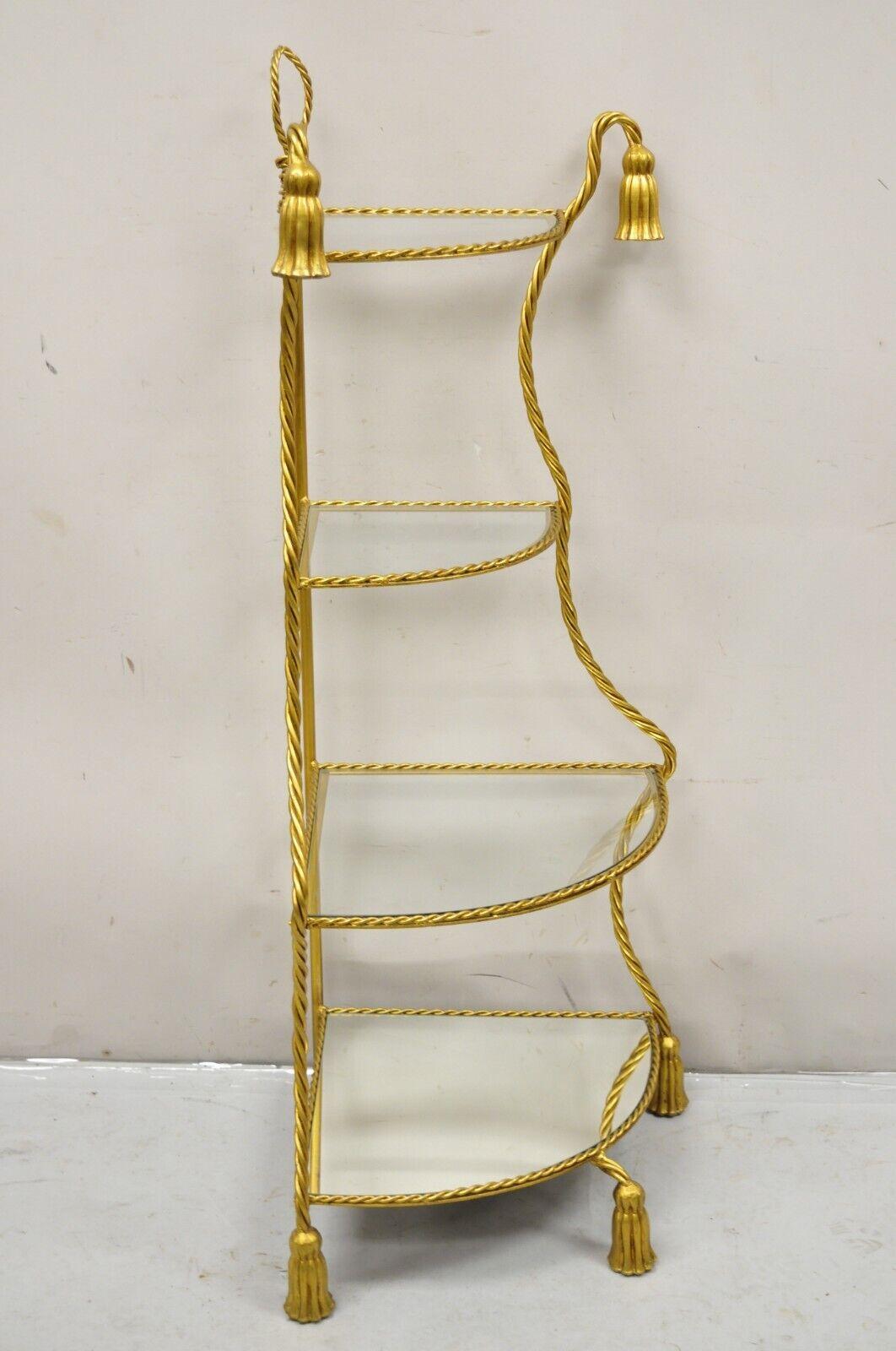 Italian Hollywood Regency Gold Gilt Iron Rope Tassel 4 Tier Etagere Corner Shelf For Sale 3