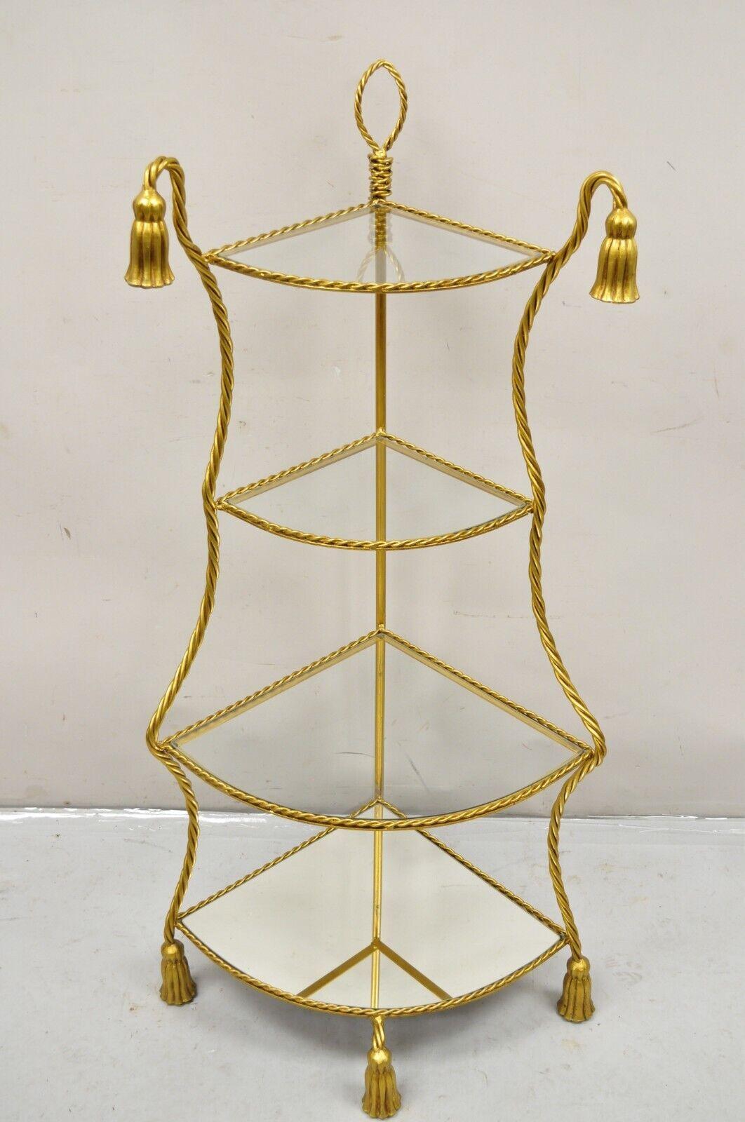 Italian Hollywood Regency Gold Gilt Iron Rope Tassel 4 Tier Etagere Corner Shelf For Sale 4