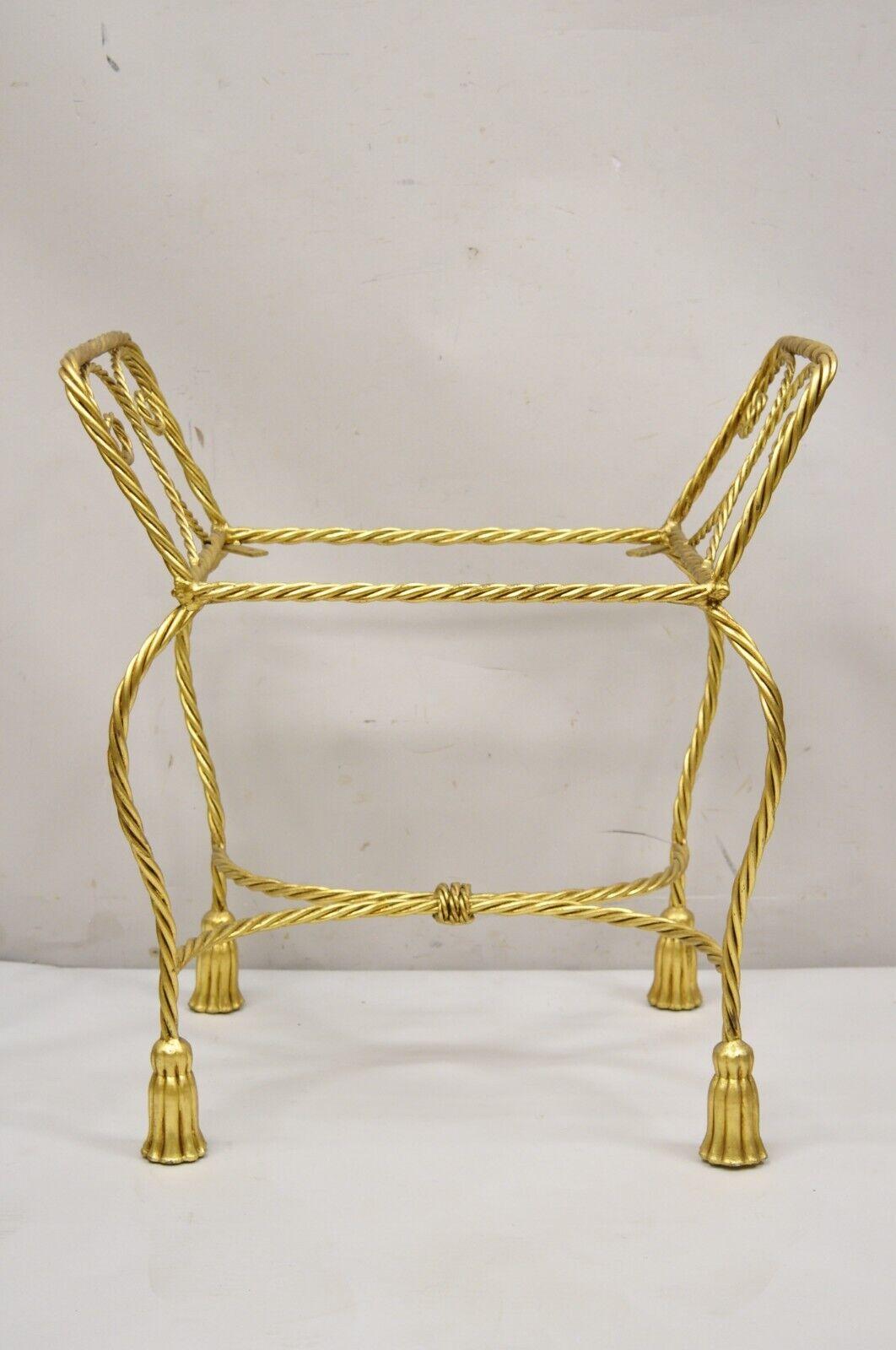 Italian Hollywood Regency Gold Gilt Iron Rope Tassel Form Vanity Bench Chair For Sale 5