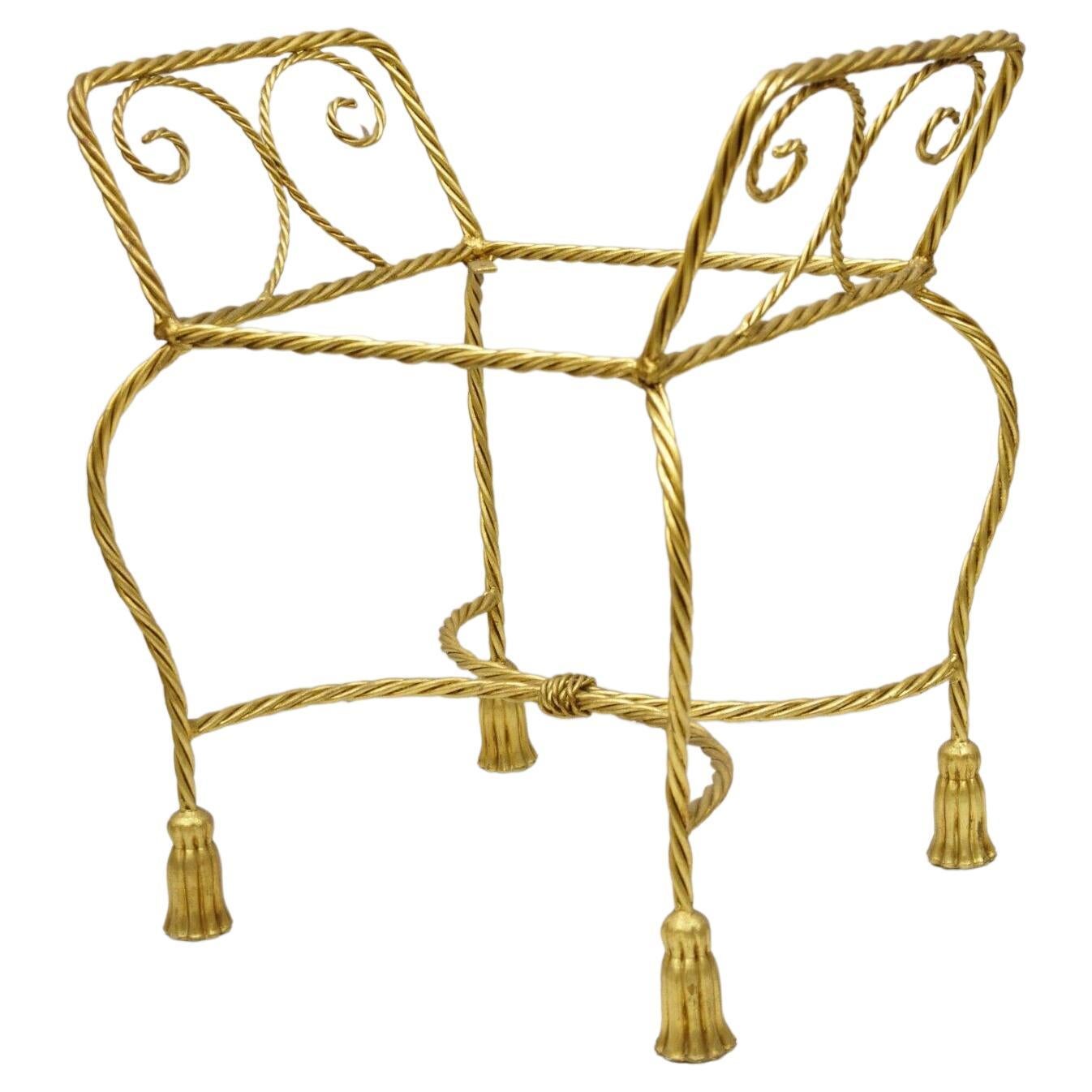 Italian Hollywood Regency Gold Gilt Iron Rope Tassel Form Vanity Bench Chair For Sale
