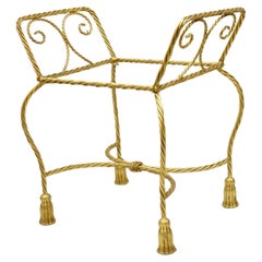 Italian Hollywood Regency Gold Gilt Iron Rope Tassel Form Vanity Bench Chair