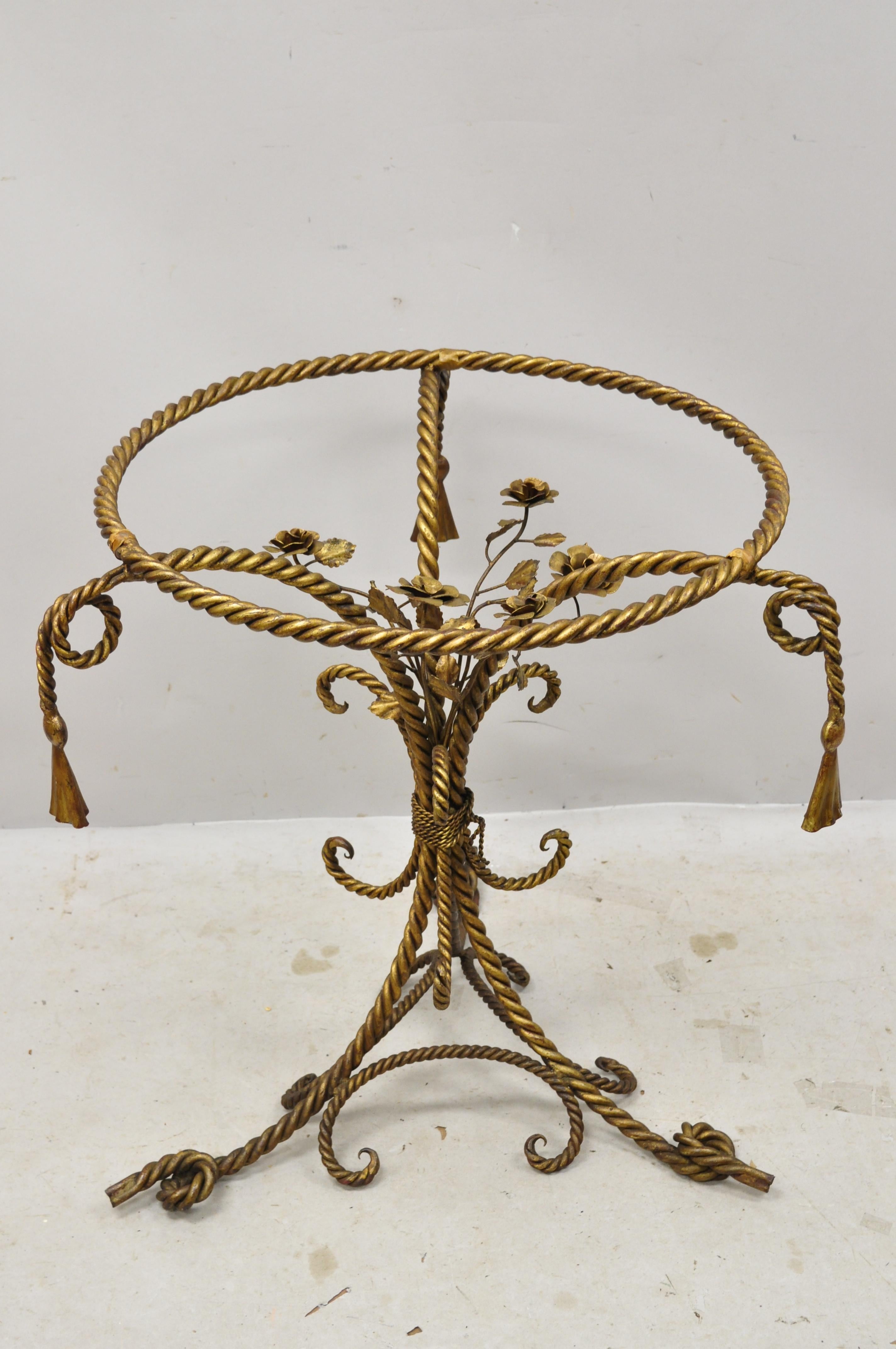 Italian Hollywood Regency Gold Gilt Iron Rope and Tassel Glass Top Center Table 6