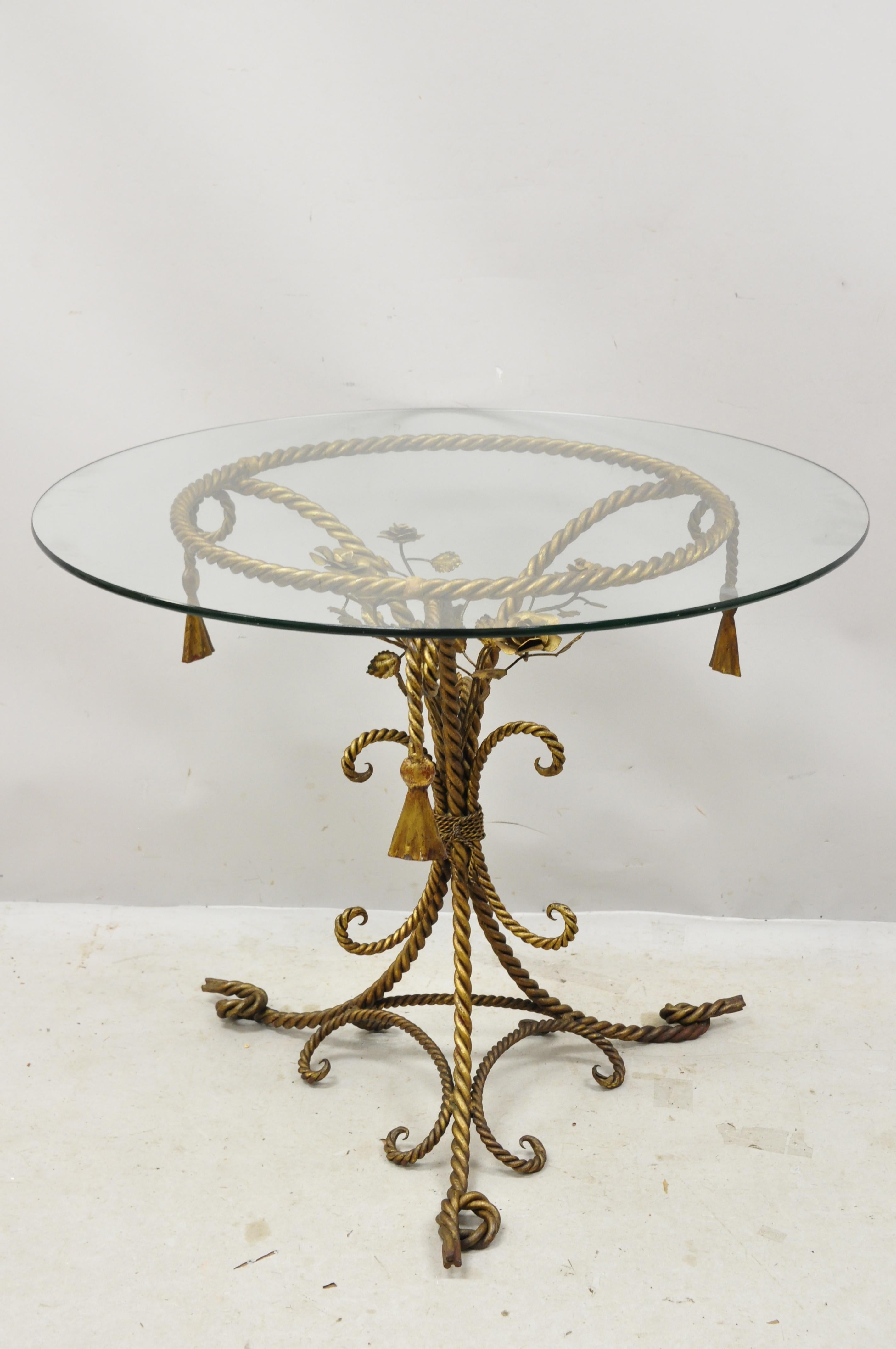 Italian Hollywood Regency Gold Gilt Iron Rope and Tassel Glass Top Center Table 7