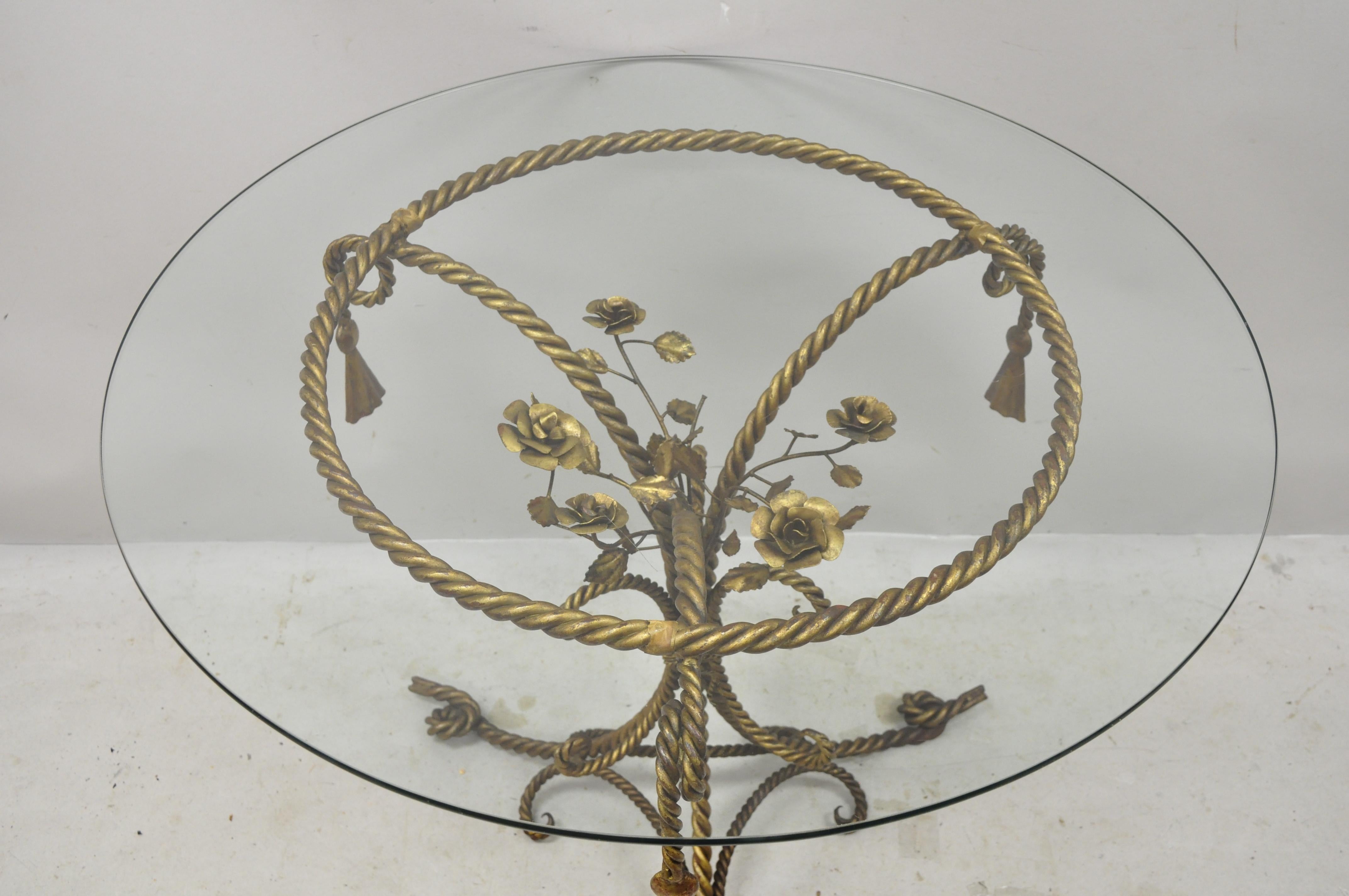 Italian Hollywood Regency Gold Gilt Iron Rope and Tassel Glass Top Center Table 3