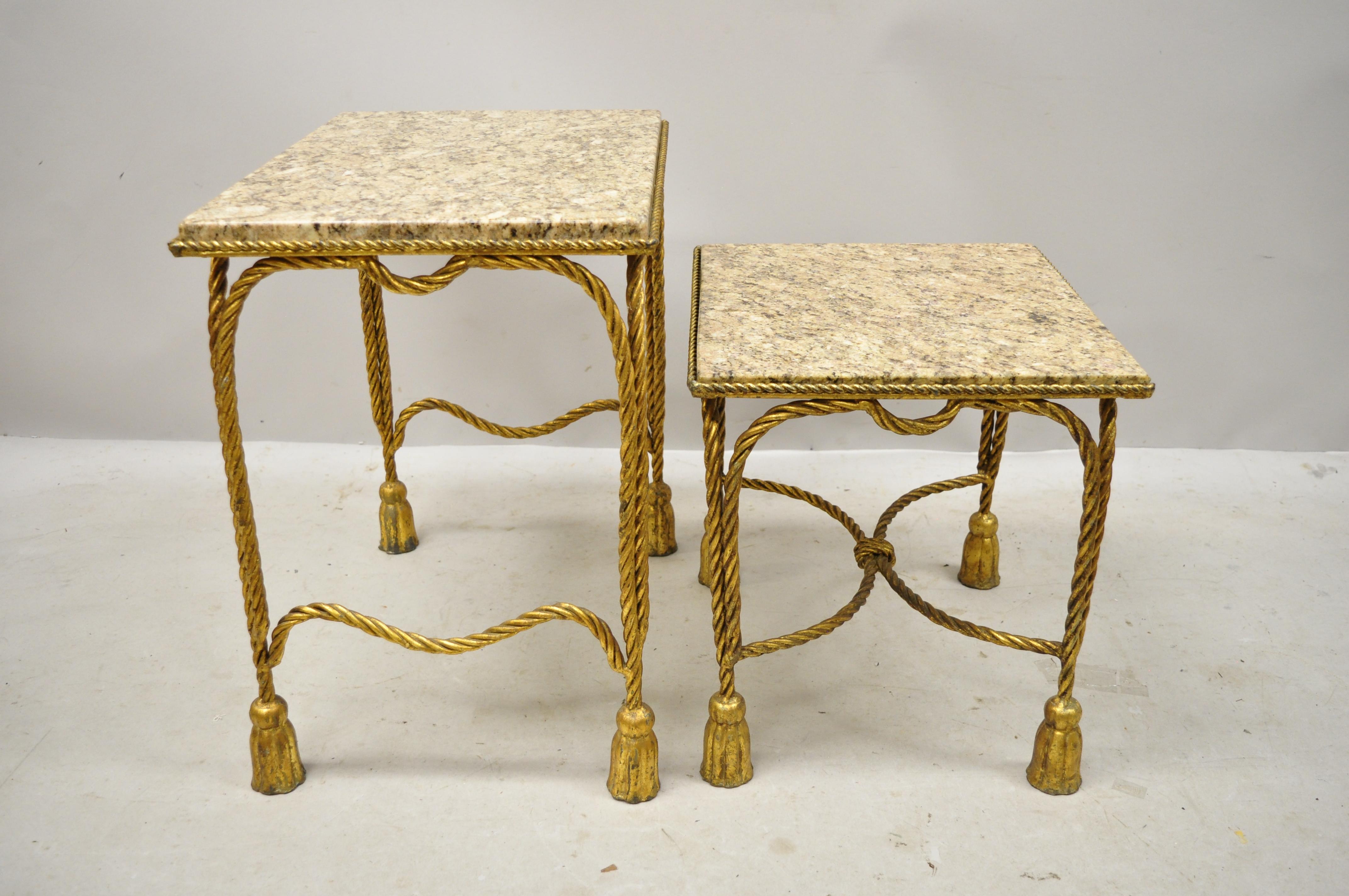 Italian Hollywood Regency Gold Gilt Iron Rope Tassel Marble-Top Nesting Tables 7