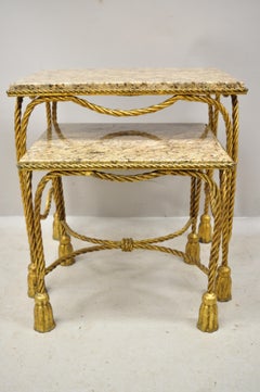 Italian Hollywood Regency Gold Gilt Iron Rope Tassel Marble-Top Nesting Tables