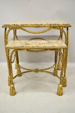 Italian Hollywood Regency Gold Gilt Iron Rope Tassel Marble-Top Nesting Tables