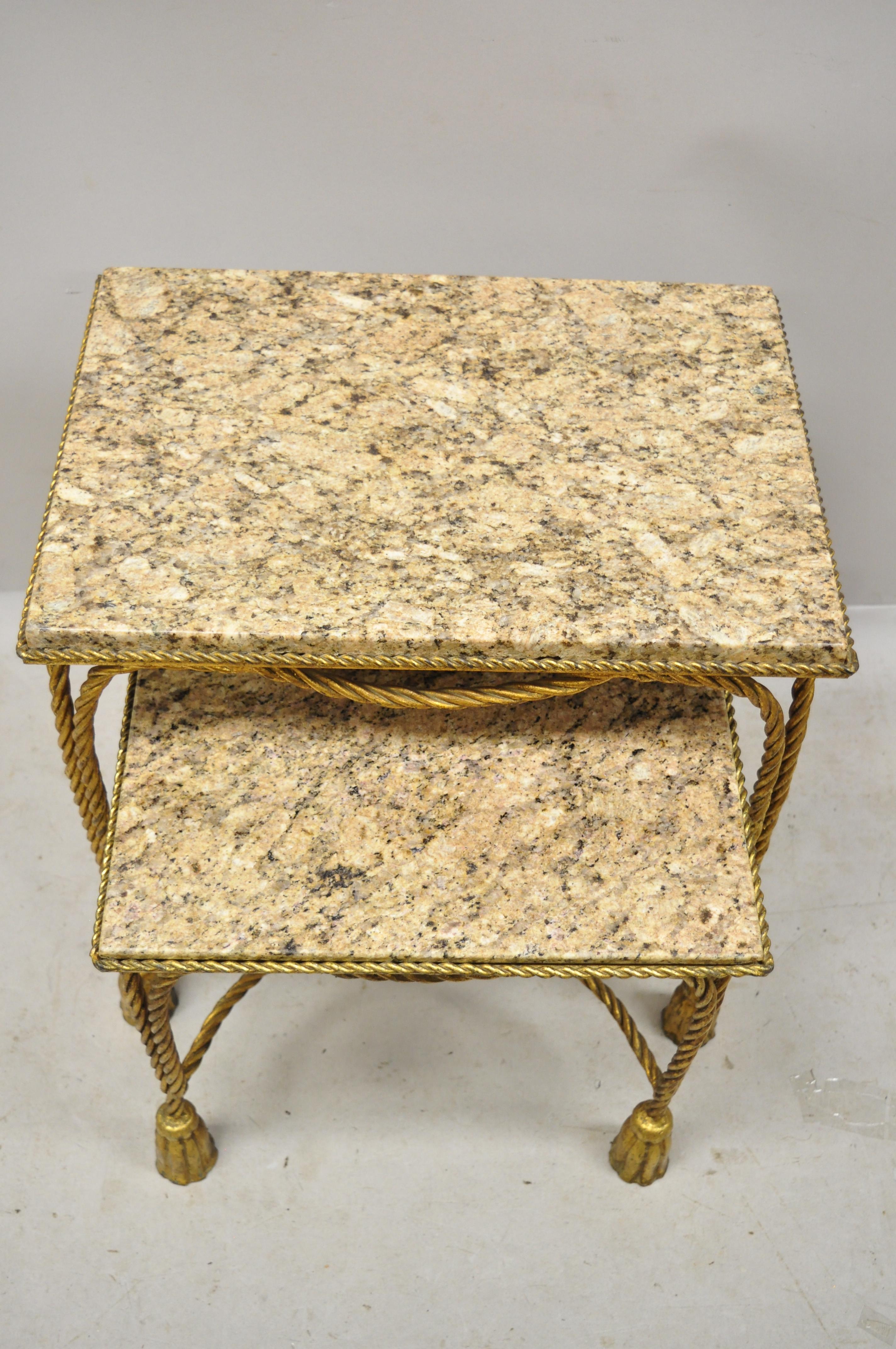Italian Hollywood Regency Gold Gilt Iron Rope Tassel Marble-Top Nesting Tables In Good Condition In Philadelphia, PA