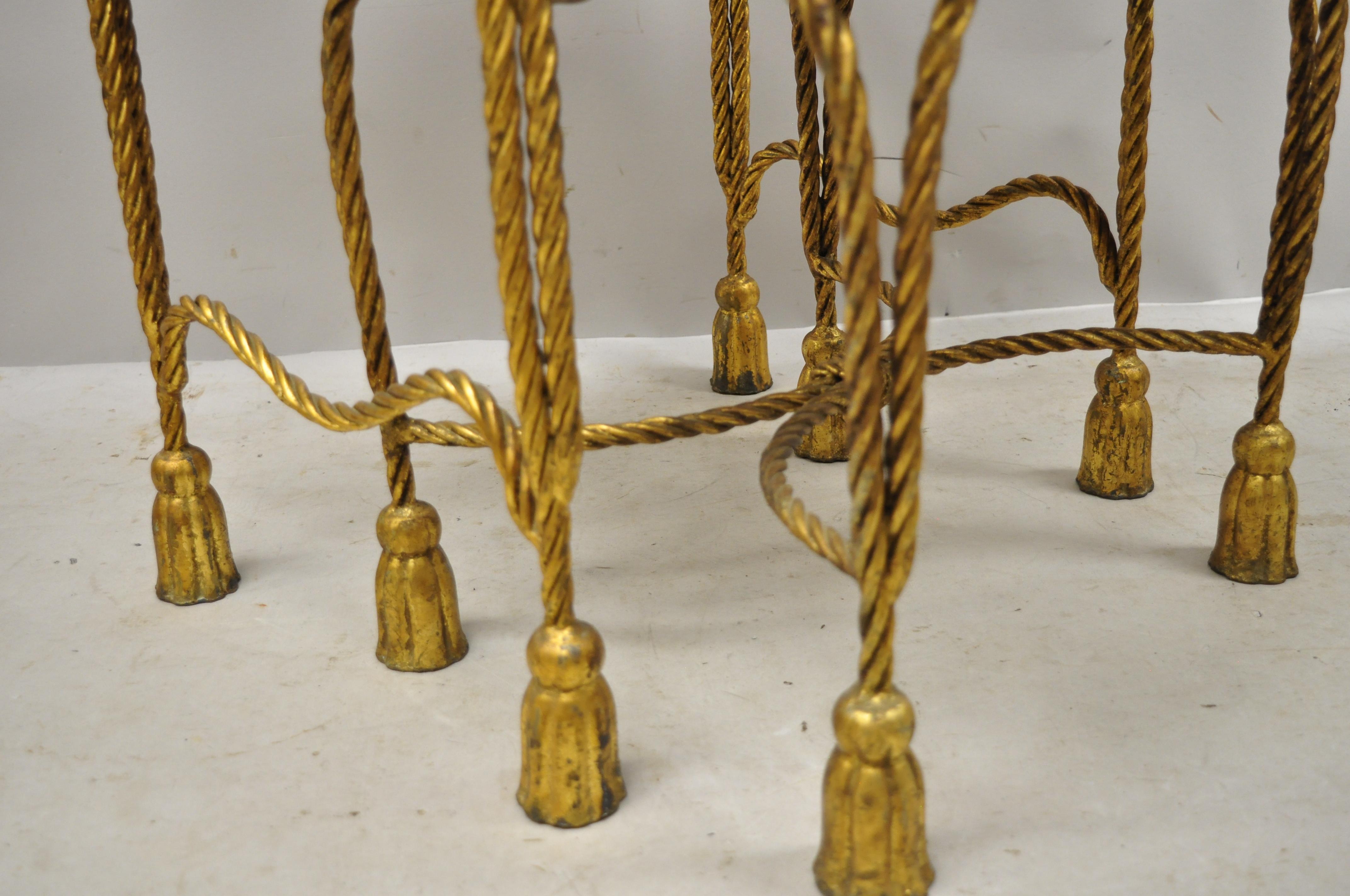 Italian Hollywood Regency Gold Gilt Iron Rope Tassel Marble-Top Nesting Tables 2