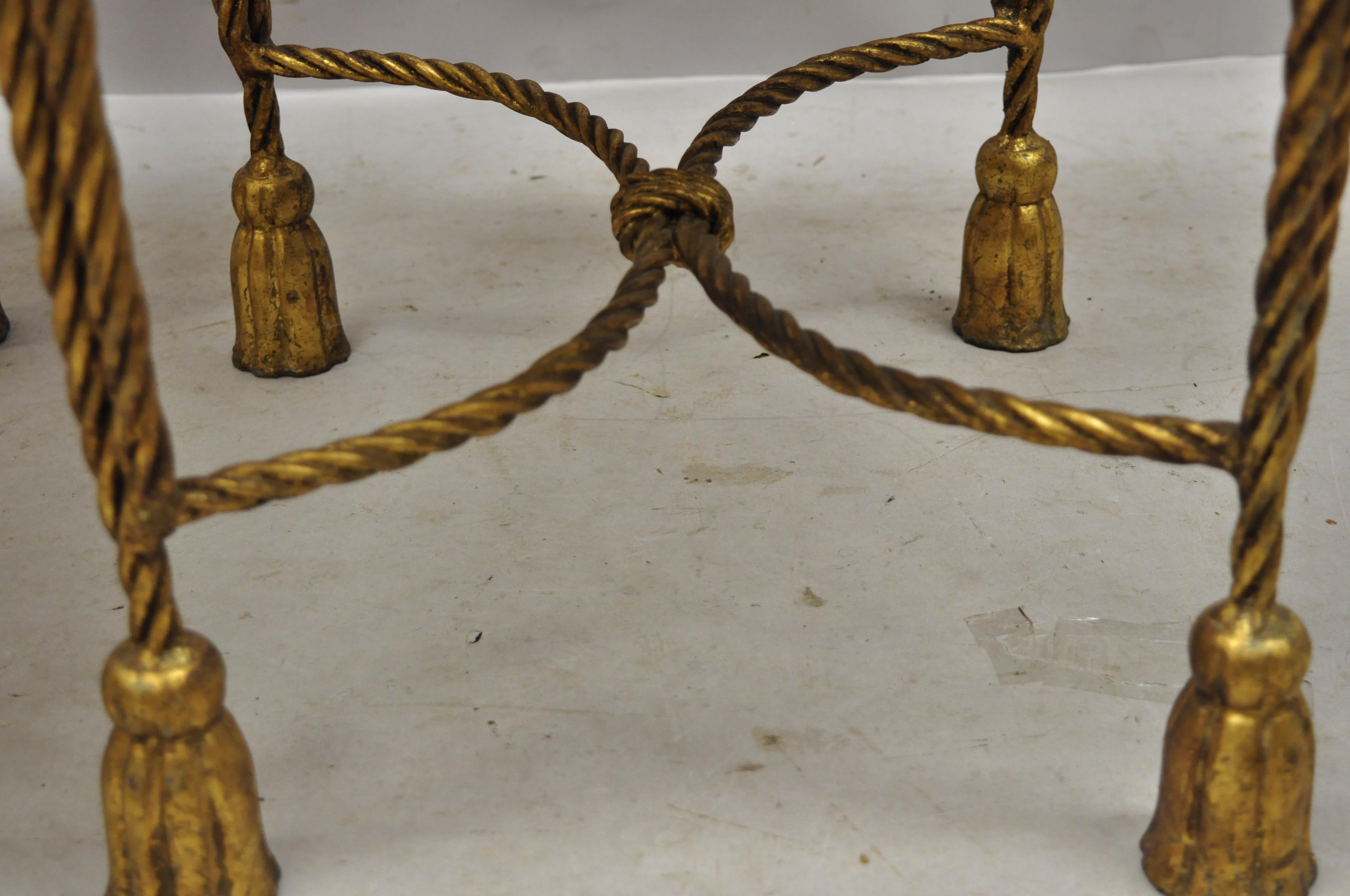 Italian Hollywood Regency Gold Gilt Iron Rope Tassel Marble-Top Nesting Tables 4