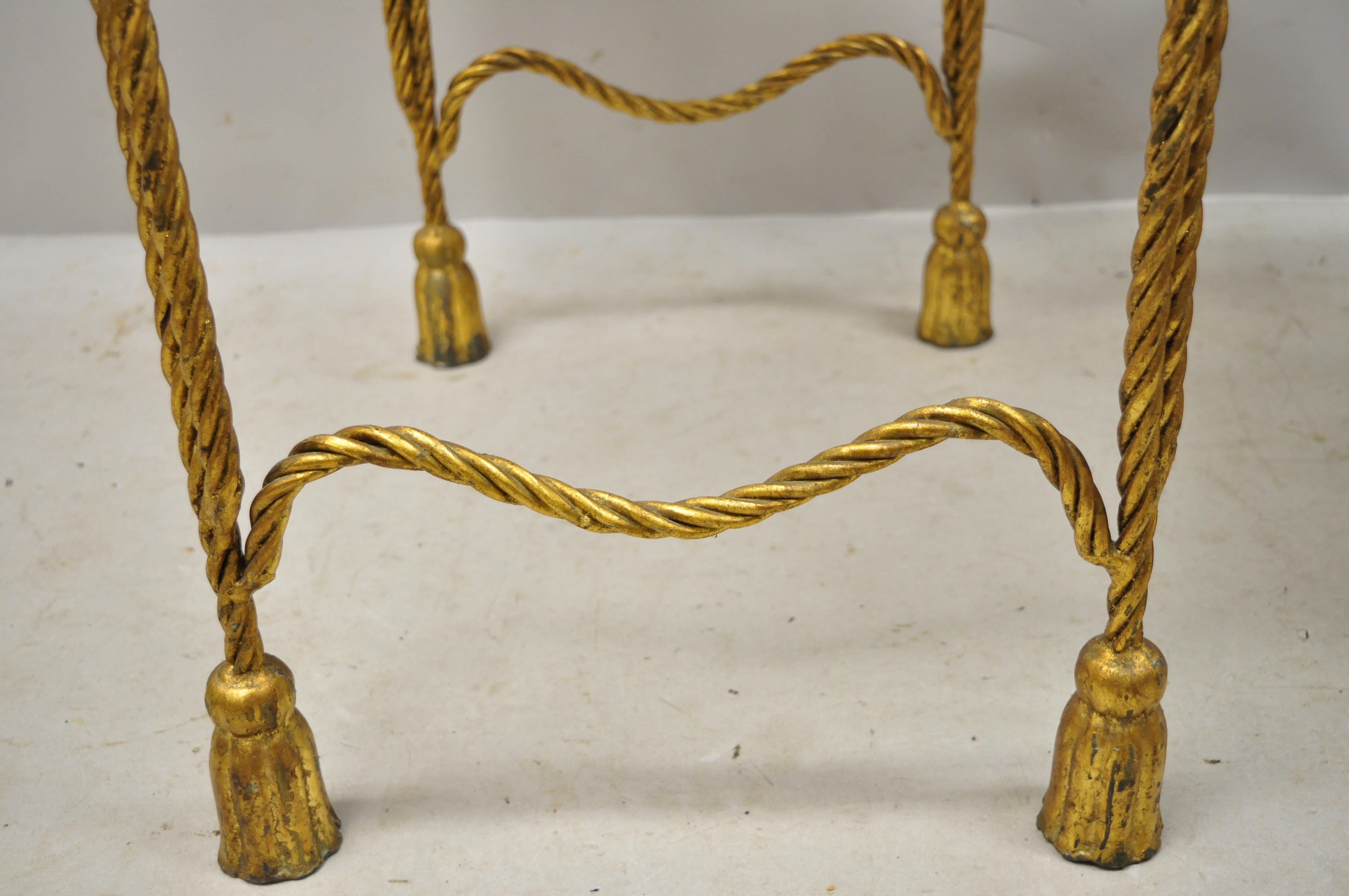 Italian Hollywood Regency Gold Gilt Iron Rope Tassel Marble-Top Nesting Tables 5