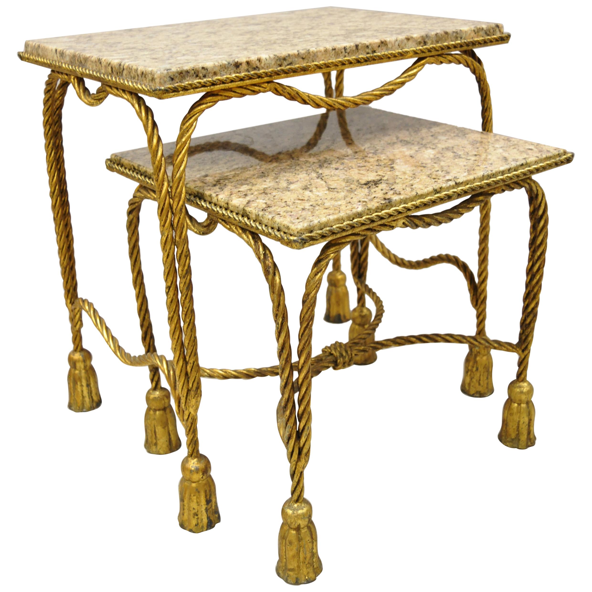 Italian Hollywood Regency Gold Gilt Iron Rope Tassel Marble-Top Nesting Tables