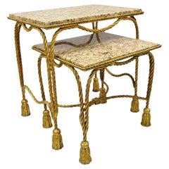 Italian Hollywood Regency Gold Gilt Iron Rope Tassel Marble-Top Nesting Tables