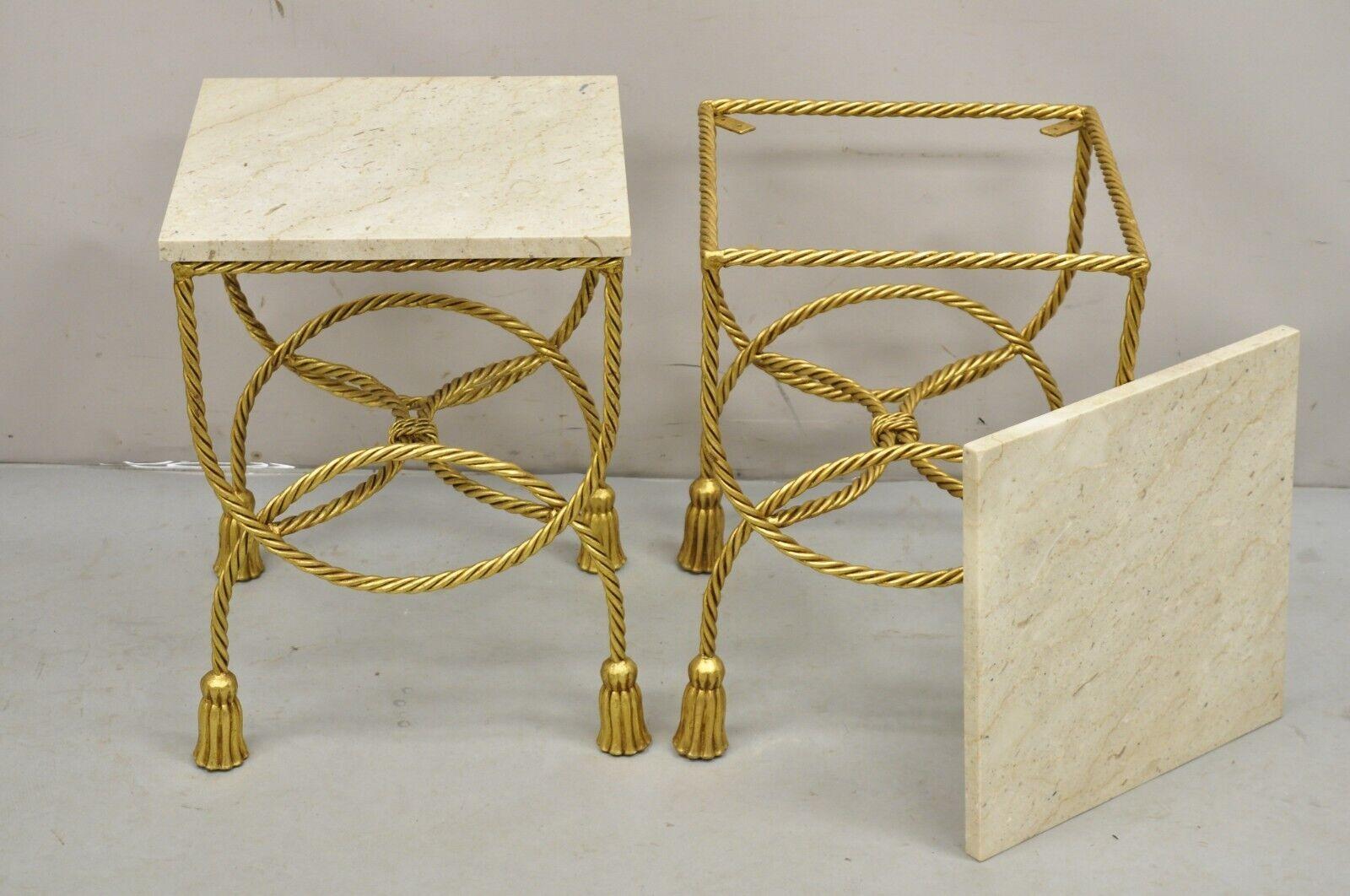 Italian Hollywood Regency Gold Gilt Iron Rope Tassel Marble Top Side Table Pair For Sale 6