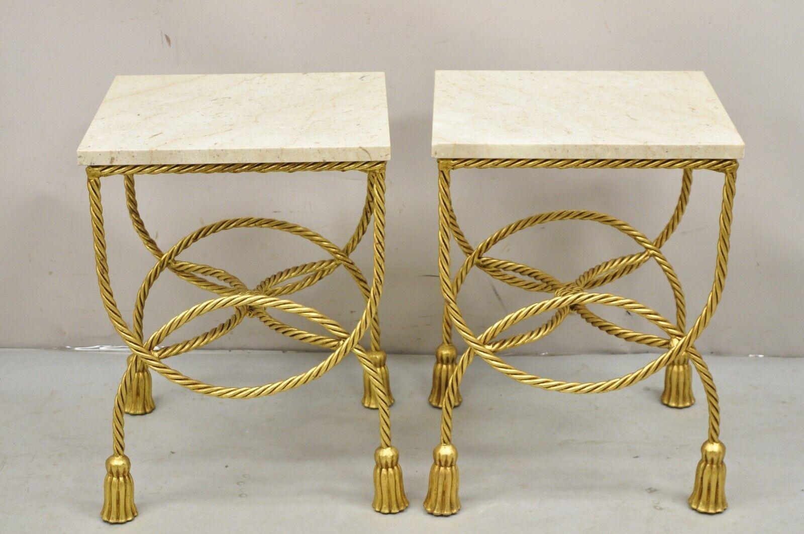 Italian Hollywood Regency Gold Gilt Iron Rope Tassel Marble Top Side Table Pair For Sale 7