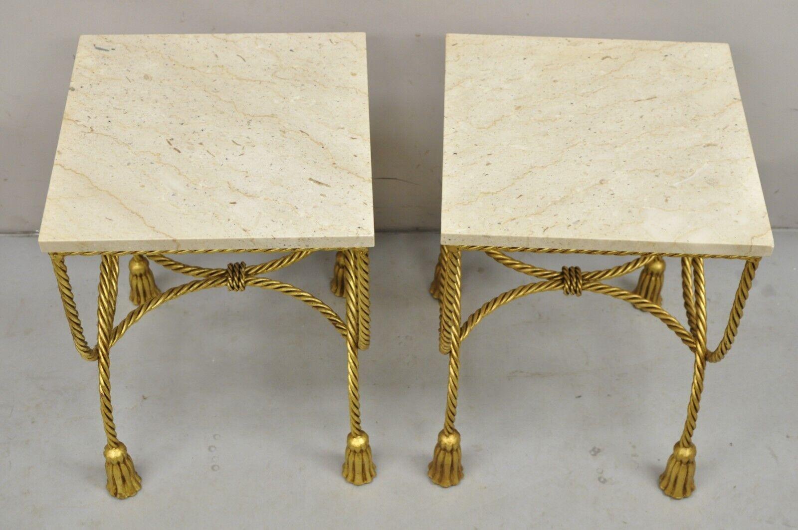Italian Hollywood Regency Gold Gilt Iron Rope Tassel Marble Top Side Table Pair In Good Condition For Sale In Philadelphia, PA