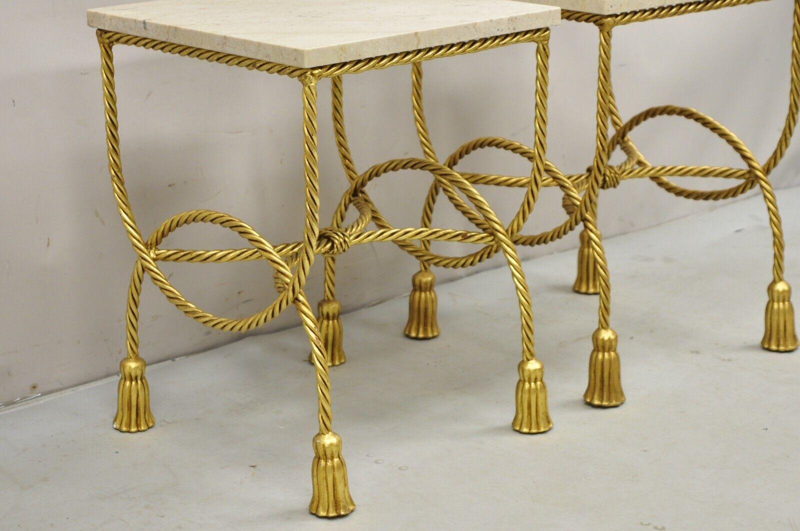 20th Century Italian Hollywood Regency Gold Gilt Iron Rope Tassel Marble Top Side Table Pair For Sale