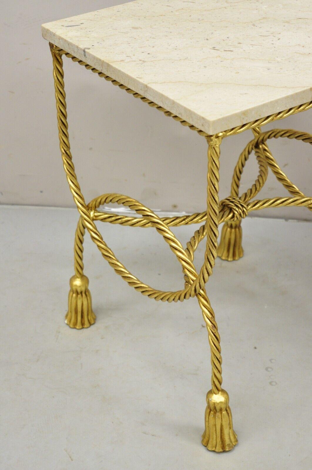 Italian Hollywood Regency Gold Gilt Iron Rope Tassel Marble Top Side Table Pair For Sale 1