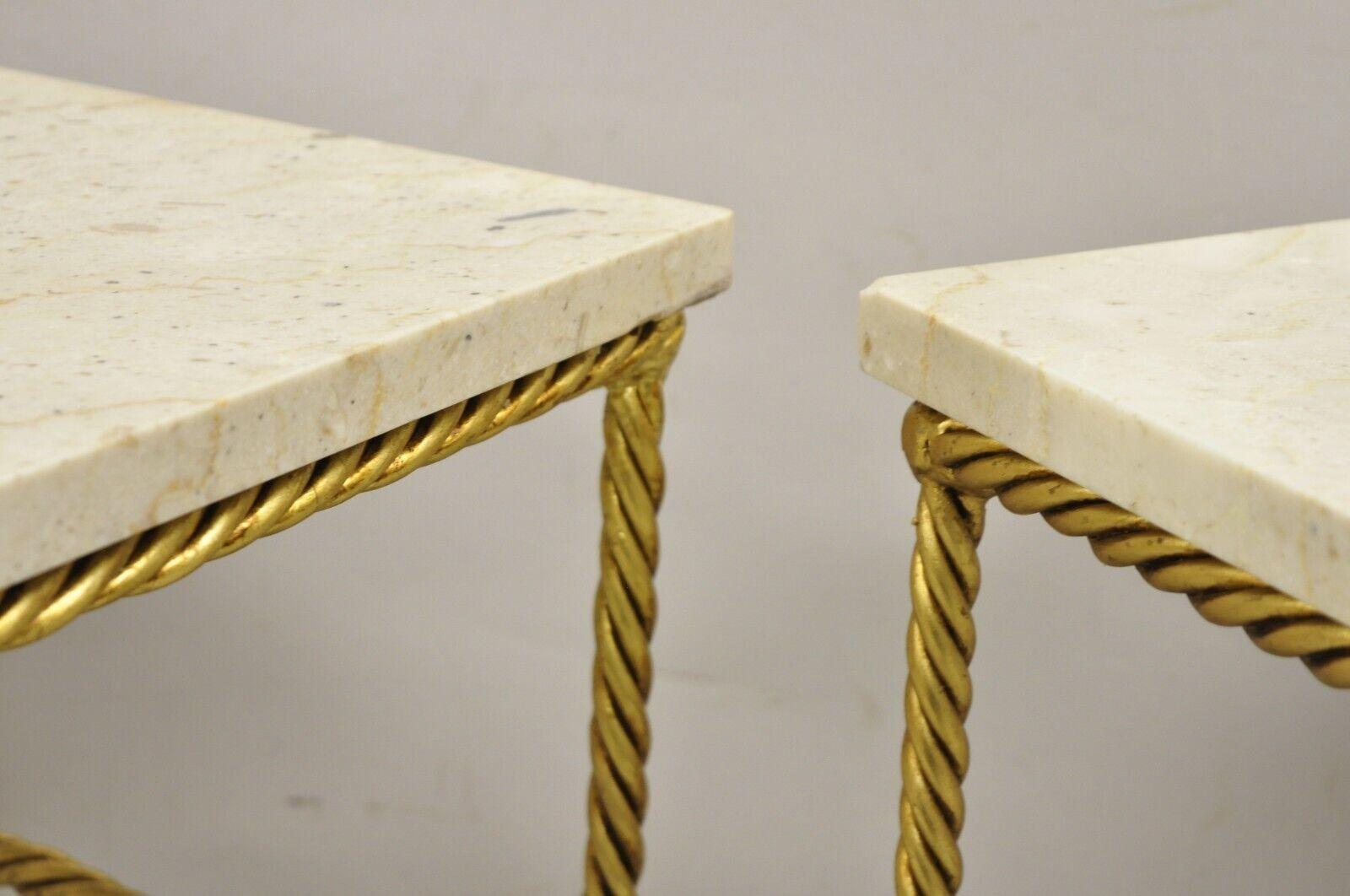 Italian Hollywood Regency Gold Gilt Iron Rope Tassel Marble Top Side Table Pair For Sale 4