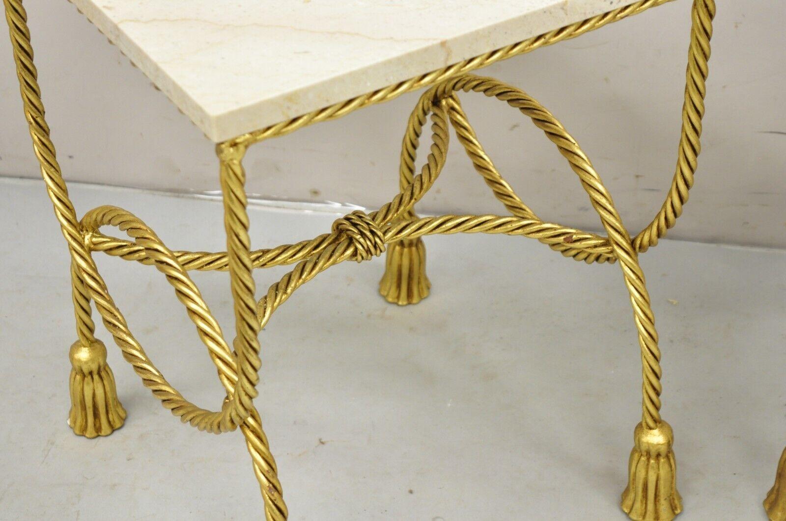 Italian Hollywood Regency Gold Gilt Iron Rope Tassel Marble Top Side Table Pair For Sale 5