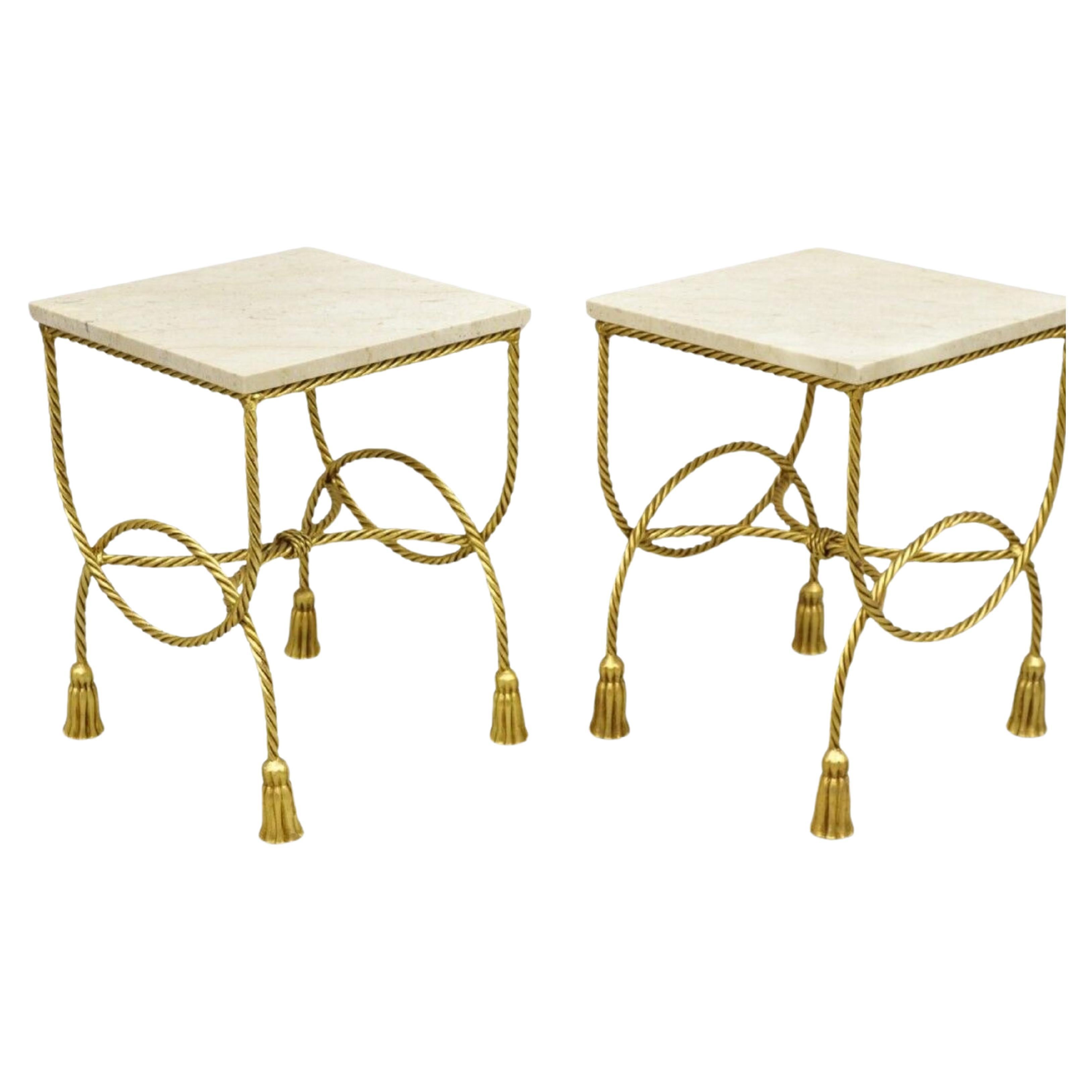 Italian Hollywood Regency Gold Gilt Iron Rope Tassel Marble Top Side Table Pair For Sale