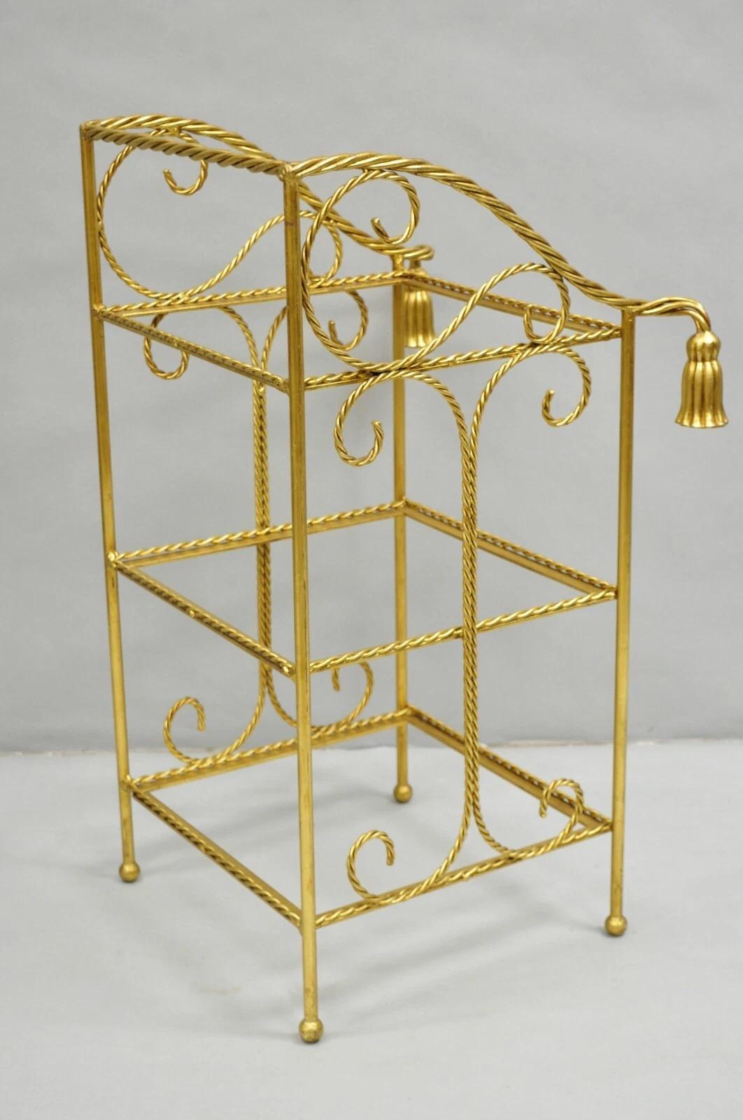 Toallero de hierro dorado con borla de 3 niveles de estilo Hollywood Regency italiano en venta 3