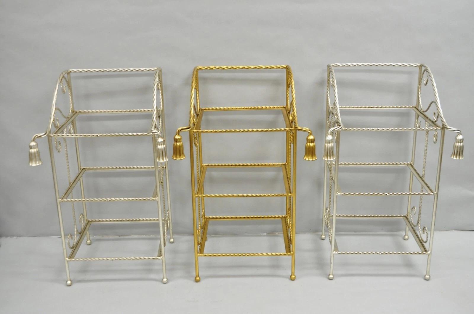 Toallero de hierro dorado con borla de 3 niveles de estilo Hollywood Regency italiano en venta 5