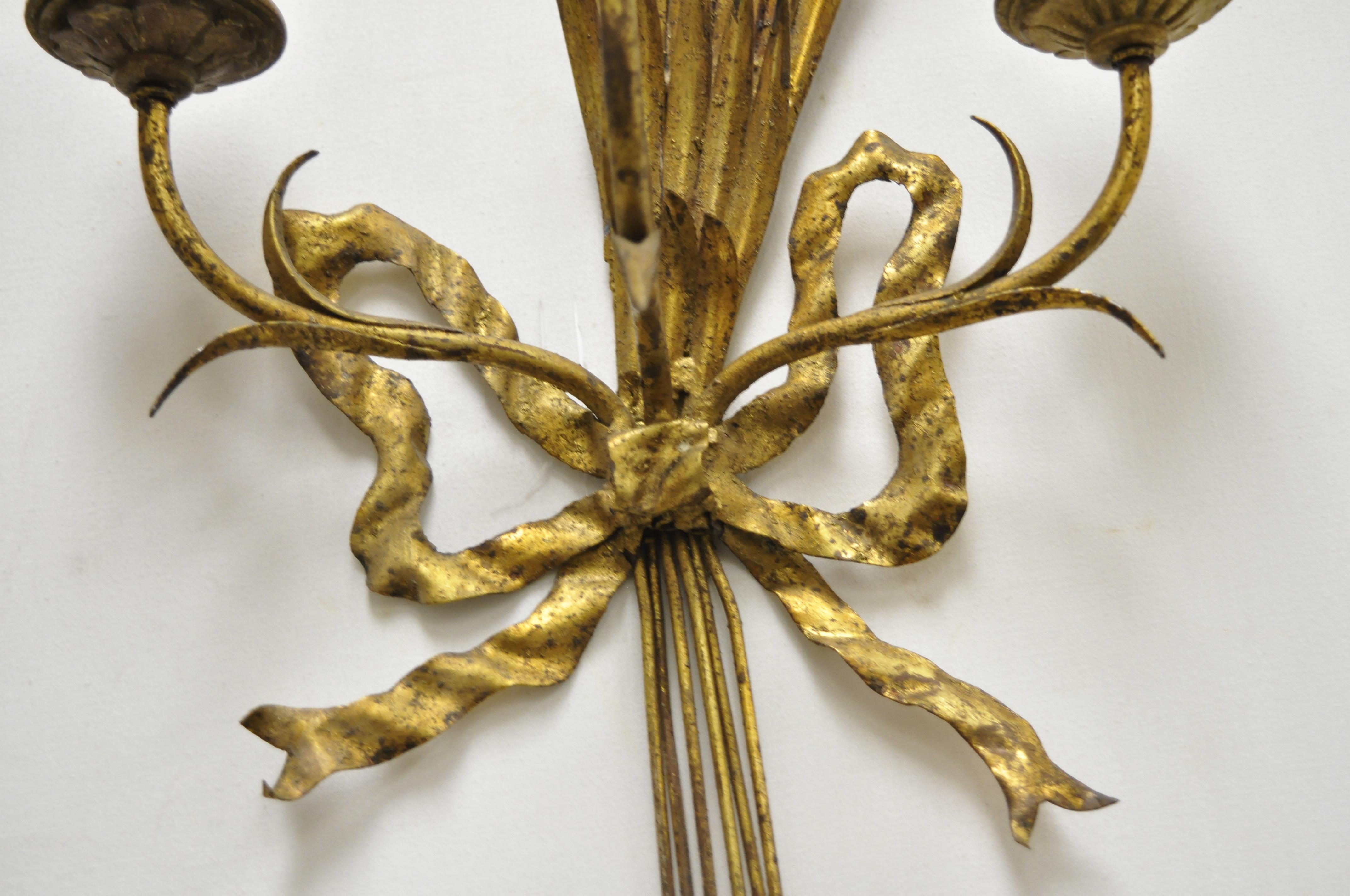 Italian Hollywood Regency Gold Gilt Iron Tole Wheat Sheaf Wall Sconces, a Pair For Sale 3