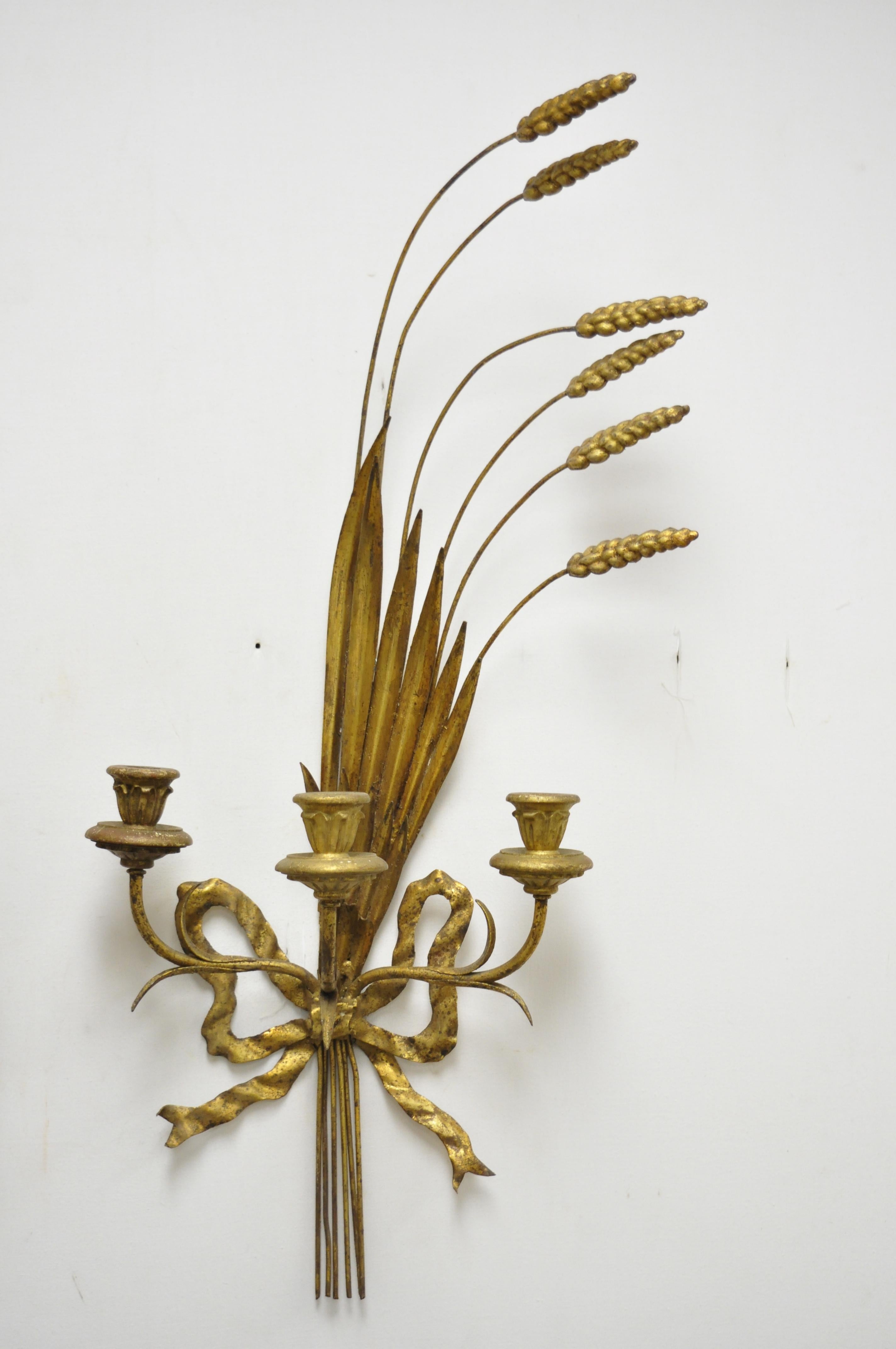 Italian Hollywood Regency Gold Gilt Iron Tole Wheat Sheaf Wall Sconces, a Pair In Good Condition For Sale In Philadelphia, PA