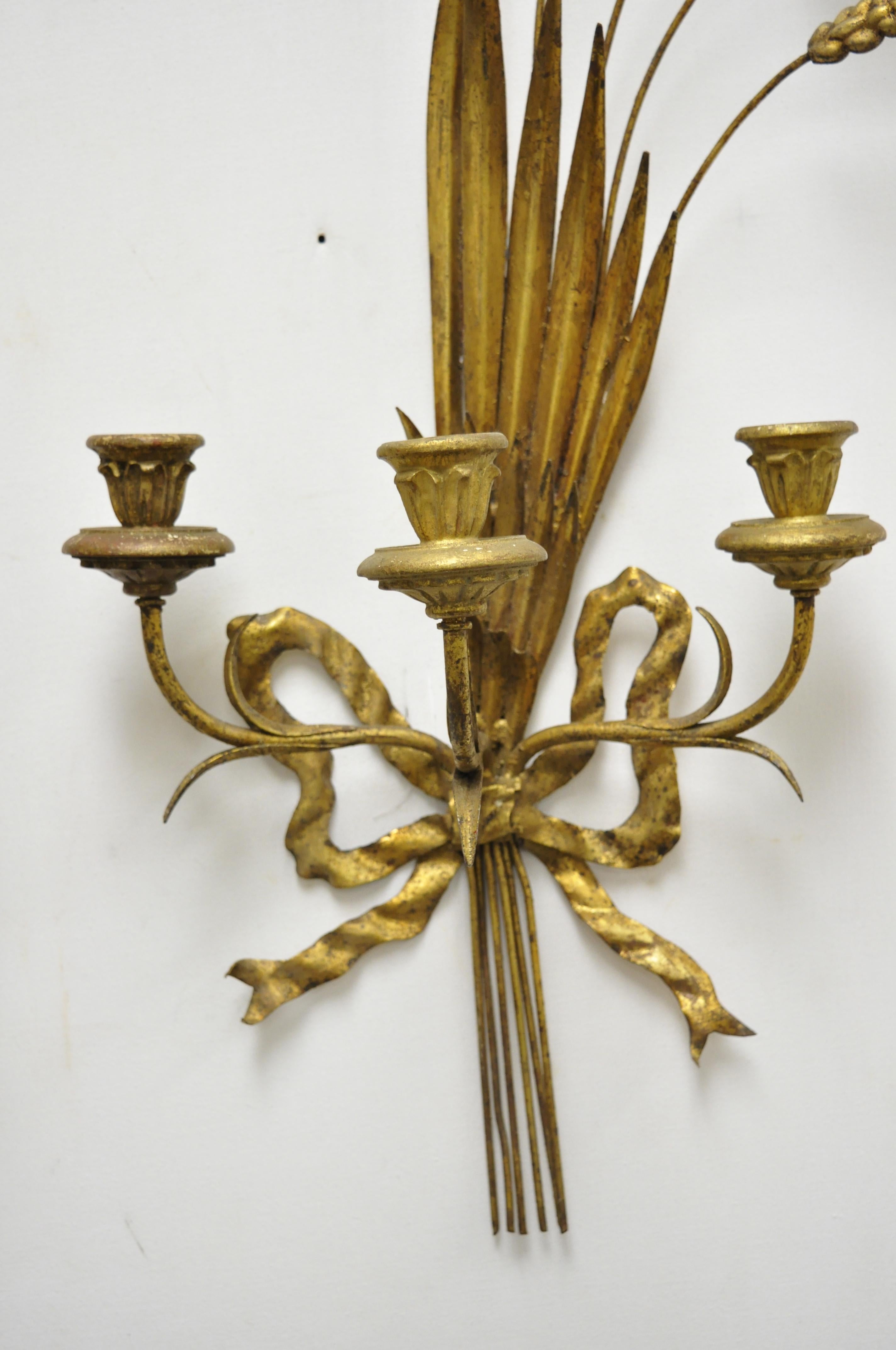 Italian Hollywood Regency Gold Gilt Iron Tole Wheat Sheaf Wall Sconces, a Pair In Good Condition For Sale In Philadelphia, PA