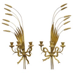 Italian Hollywood Regency Gold Gilt Iron Tole Wheat Sheaf Wall Sconces, a Pair