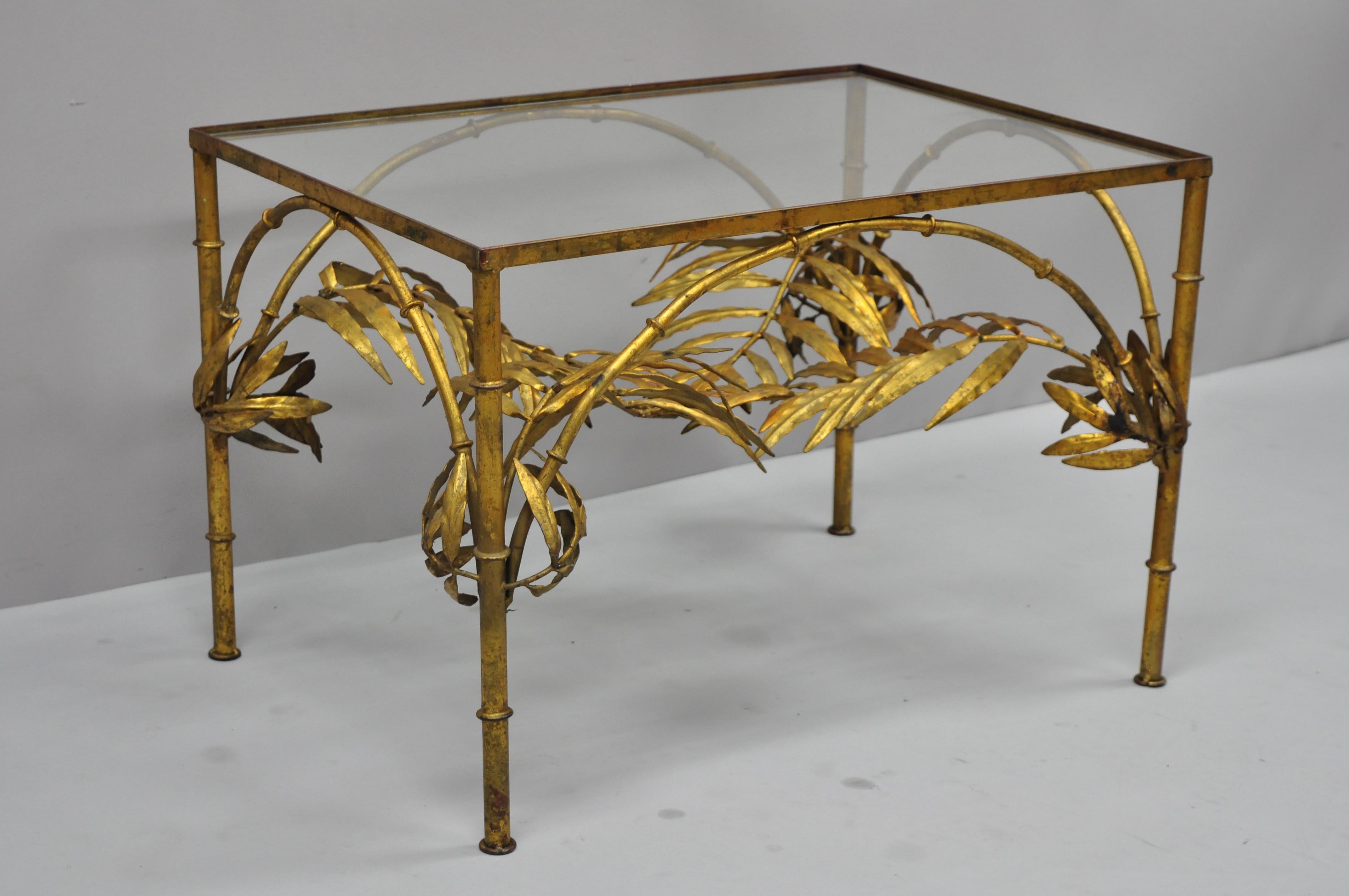 Italian Hollywood Regency Gold Gilt Metal Palm Leaf Iron Glass Coffee Side Table 5